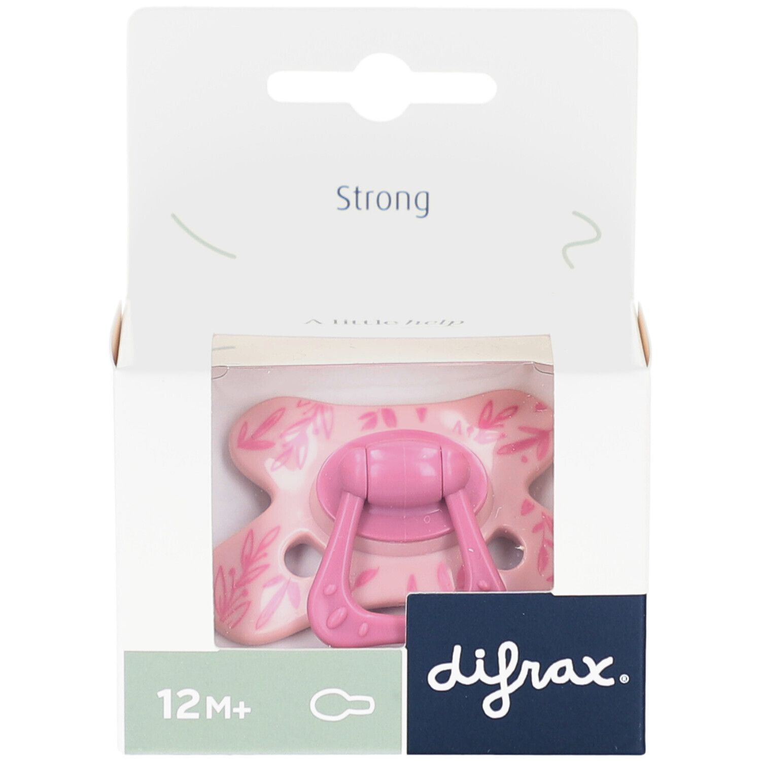 Rosa Schnuller in Verpackung. Aufdrucke: 12M+, difrax., Strong. Blättermuster auf dem Schnuller.