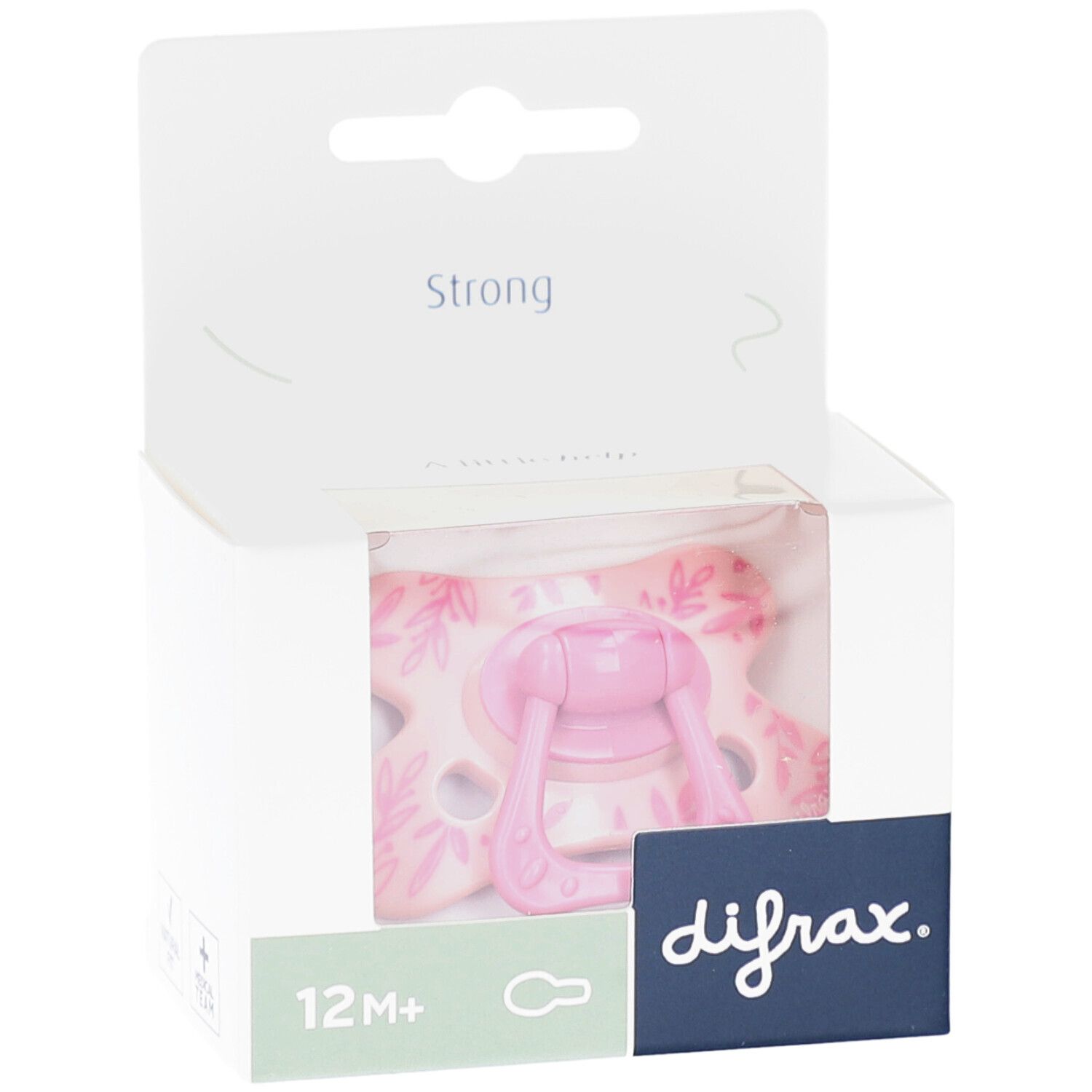 Rosa Schnuller in Verpackung. Aufdrucke: 12M+, difrax., Strong. Blättermuster auf dem Schnuller.