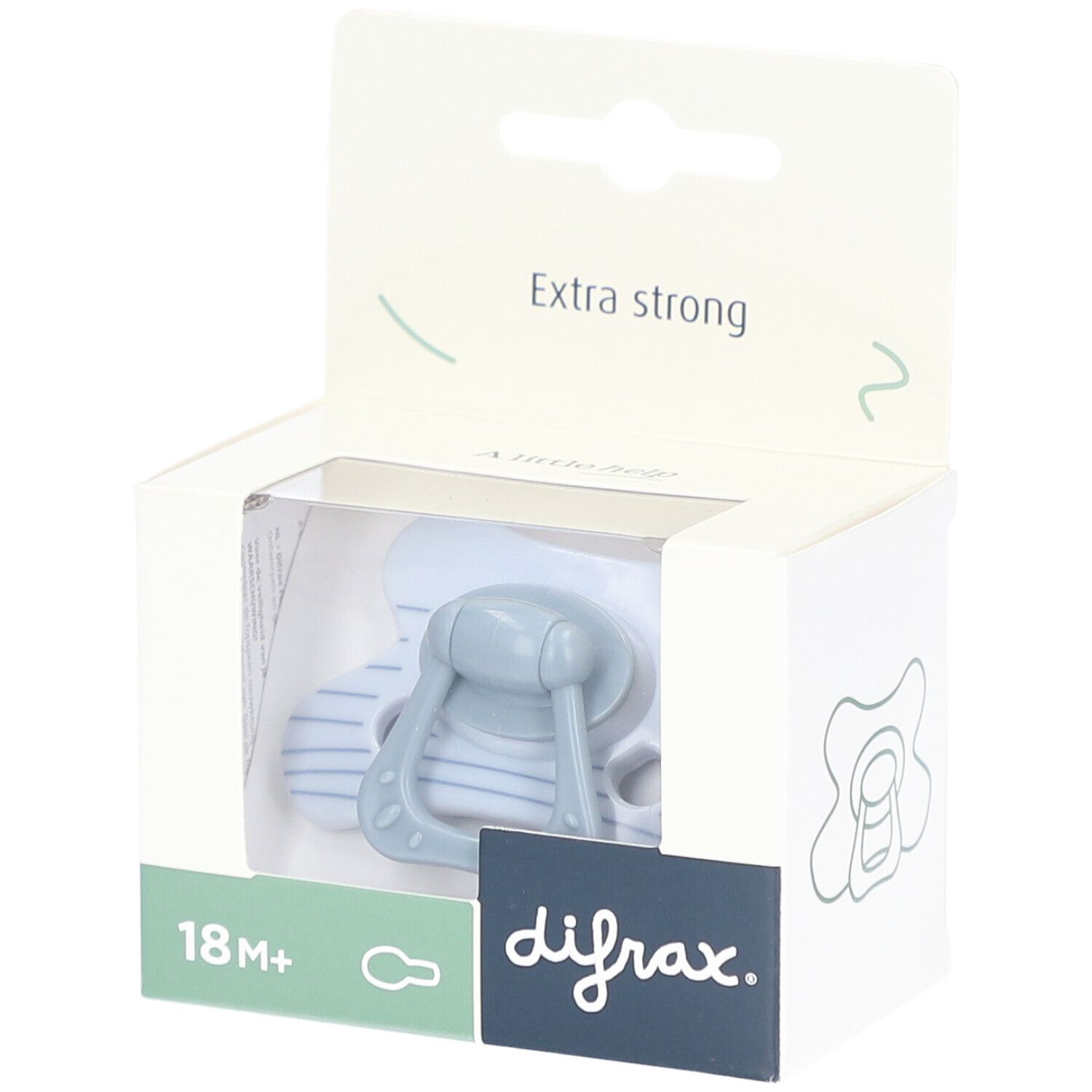 Baby-Schnuller in Verpackung. Hellblauer Schnuller mit Streifenmuster. Verpackung mit Sichtfenster, Schriftzug "Extra strong" und Logo.