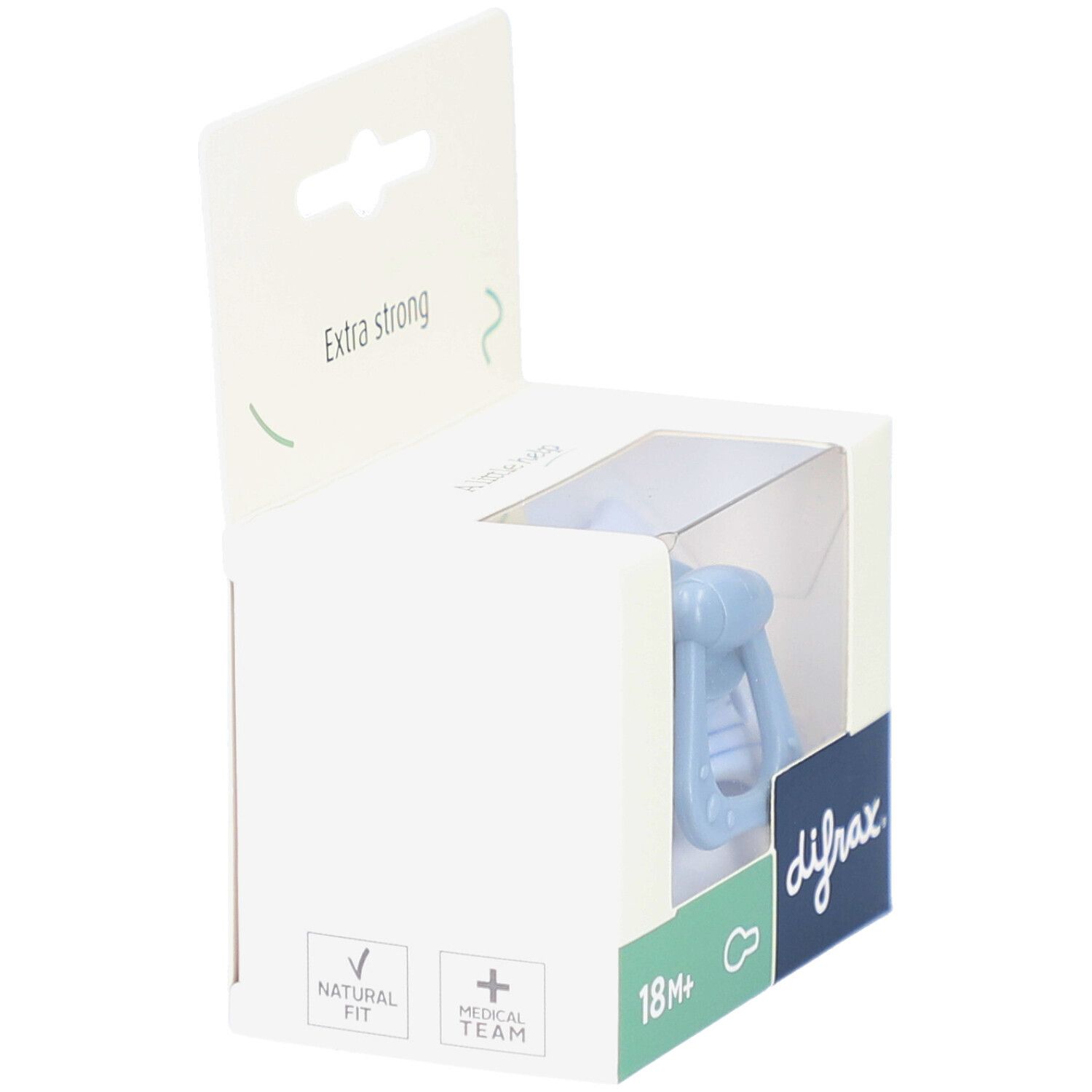 Verpackung mit Schnuller. Hellblauer Schnuller sichtbar. Aufschrift "Natural Fit" und "Medical Team".