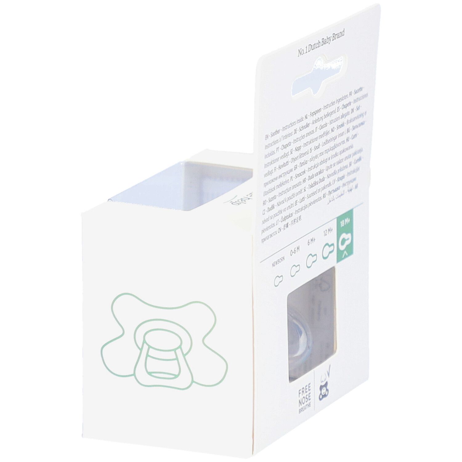 Verpackung mit Schnuller. Rückseite mit Text. Sichtfenster mit Schnuller.