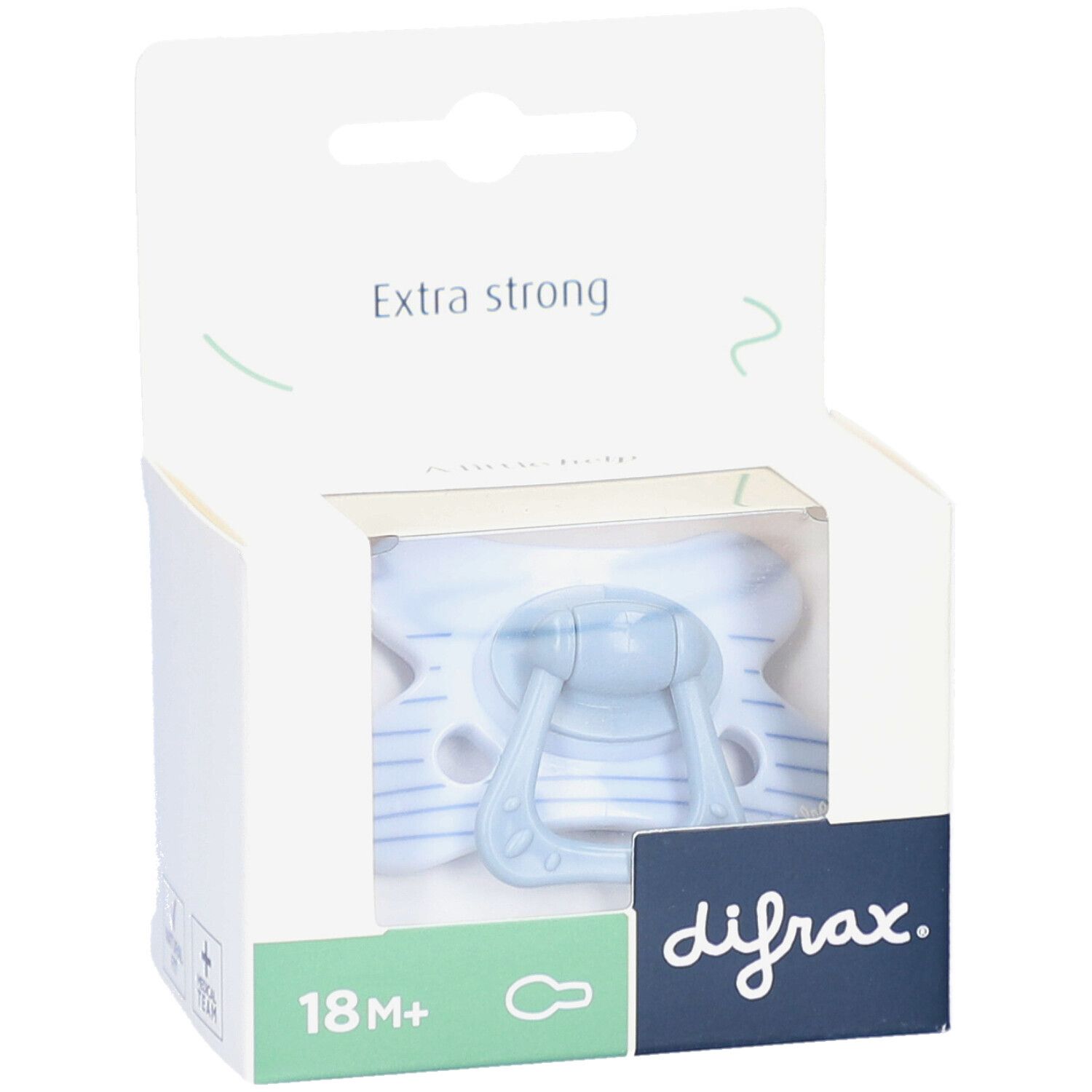 Schnuller in Verpackung. Hellblauer Schnuller mit Streifenmuster. Verpackung mit Schriftzug "Extra strong" und Logo.