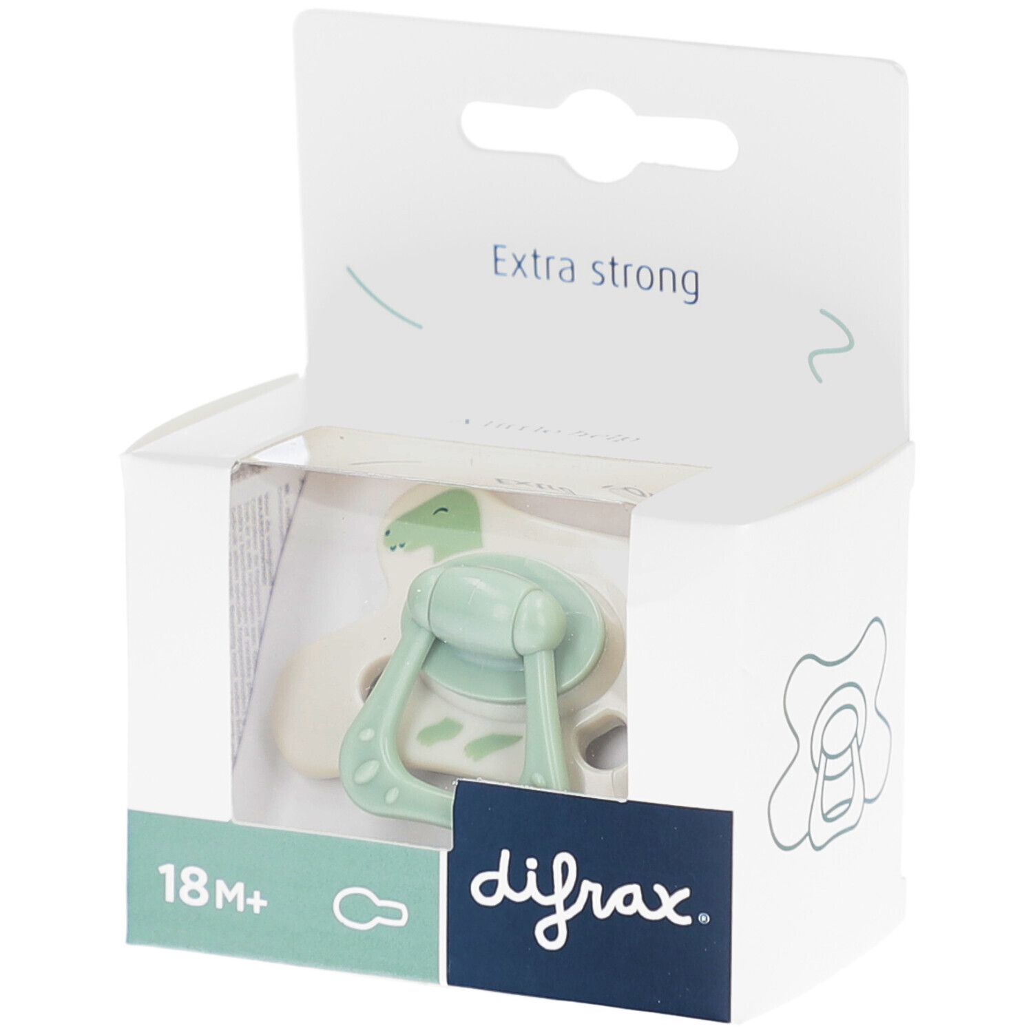 Verpackung mit Schnuller. Grün-weißer Schnuller mit Dino-Motiv. Marke Difrax. Altersempfehlung 18m+.