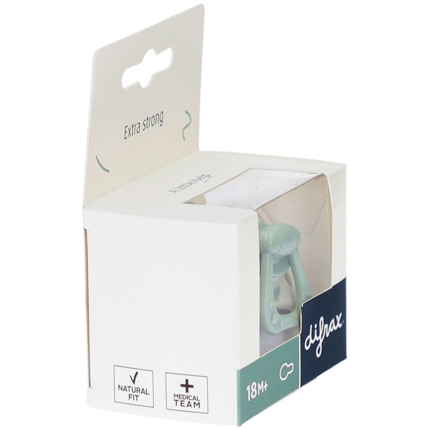 Verpackung mit Schnuller. Marke Difrax. Altersempfehlung 18m+. Natürliche Passform und Medical Team.