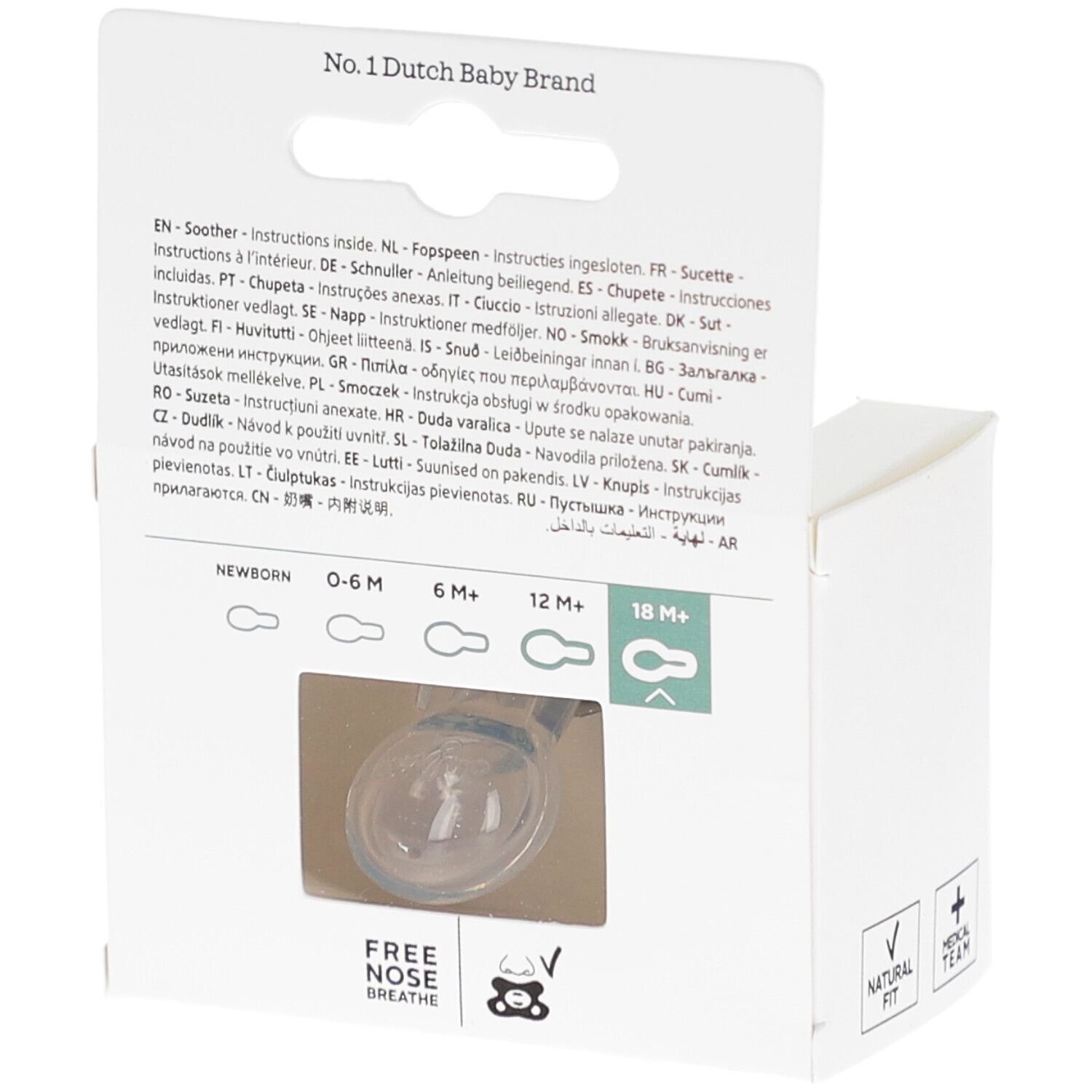 Rückseite der Verpackung. Schnuller-Größenübersicht. Marke Difrax. Text in mehreren Sprachen.