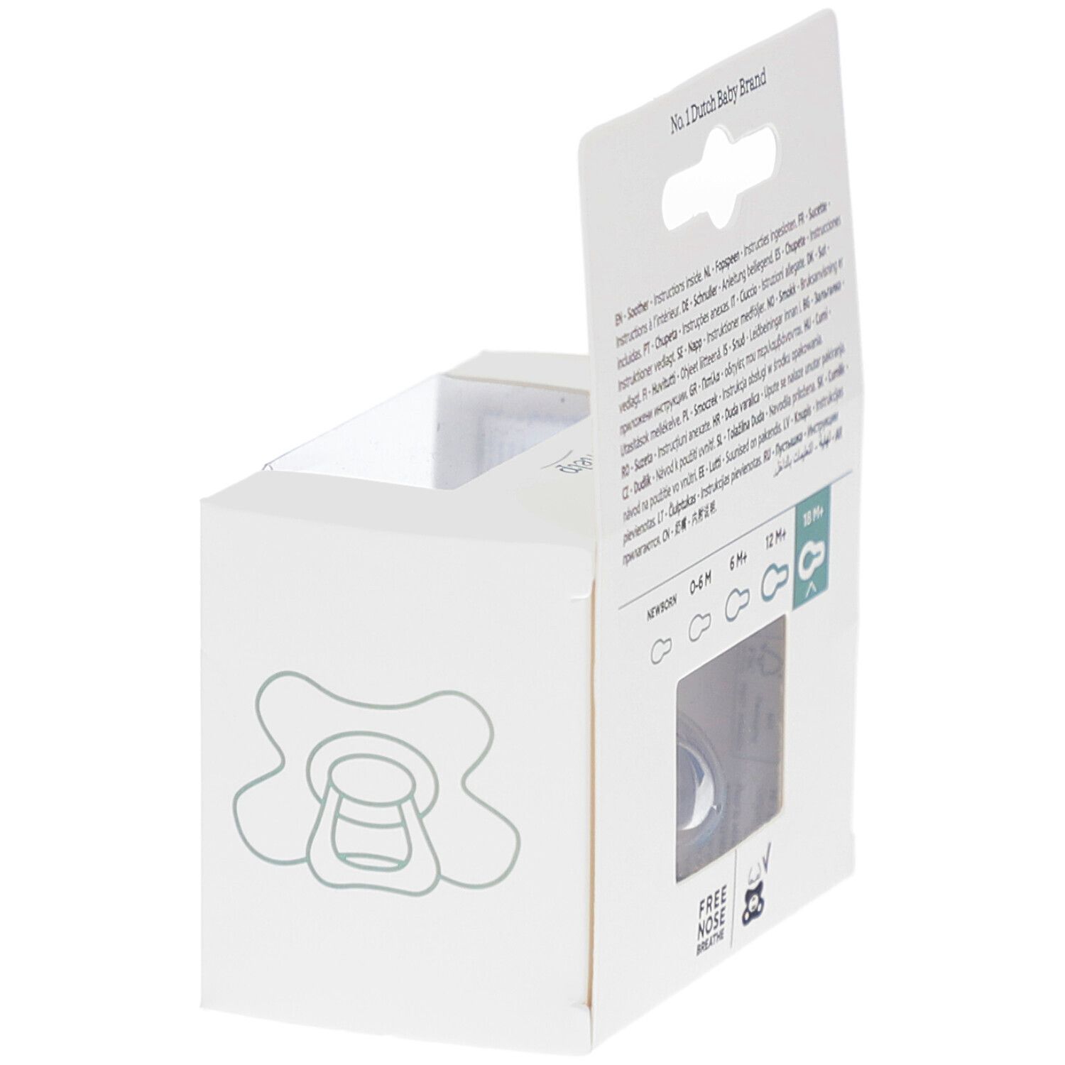 Verpackung mit Schnuller. Marke Difrax. Größenübersicht für Schnuller. Free Nose Breathe.