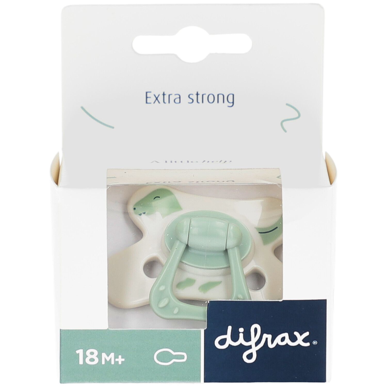 Verpackung mit Schnuller. Grün-weißer Schnuller mit Dino-Motiv. Marke Difrax. Altersempfehlung 18m+.
