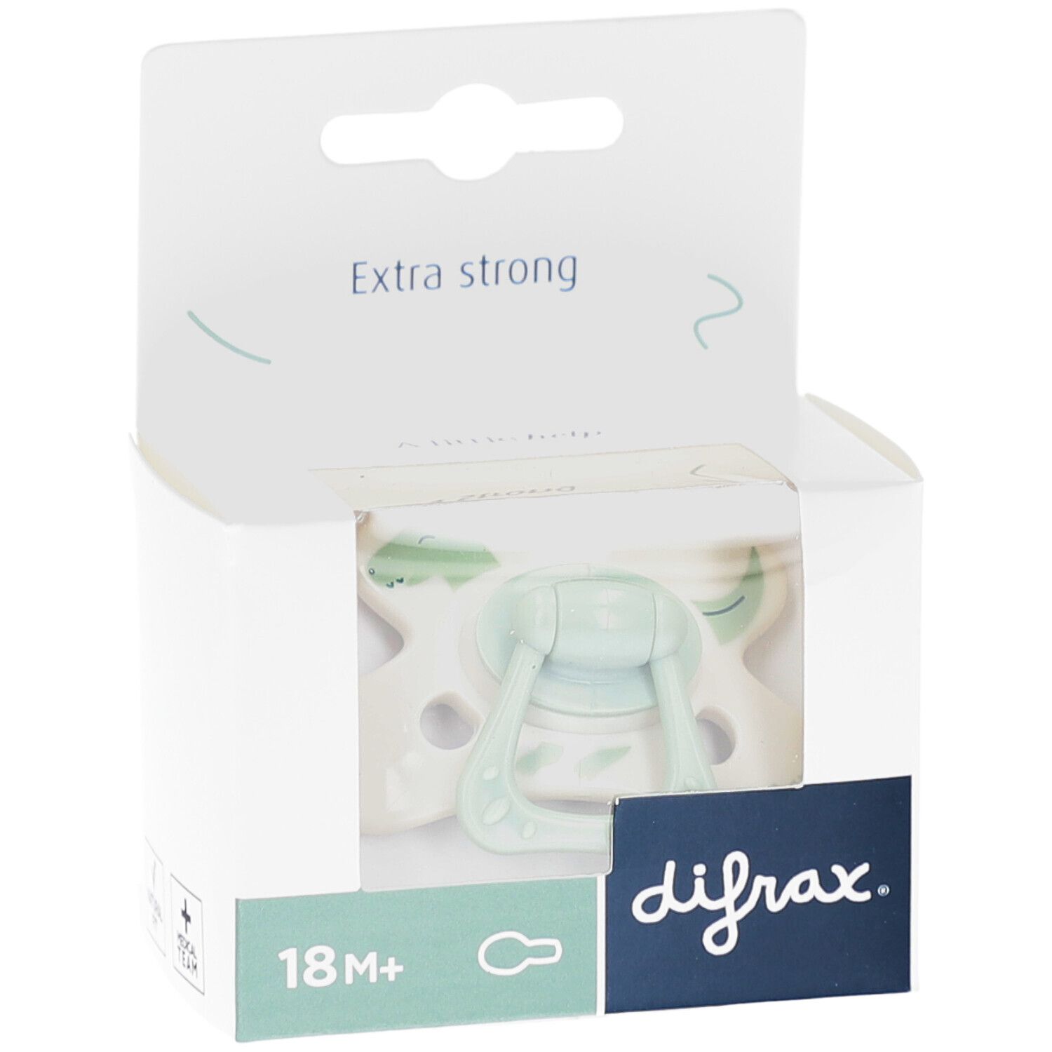 Verpackung mit Schnuller. Grün-weißer Schnuller. Marke Difrax. Altersempfehlung 18m+.