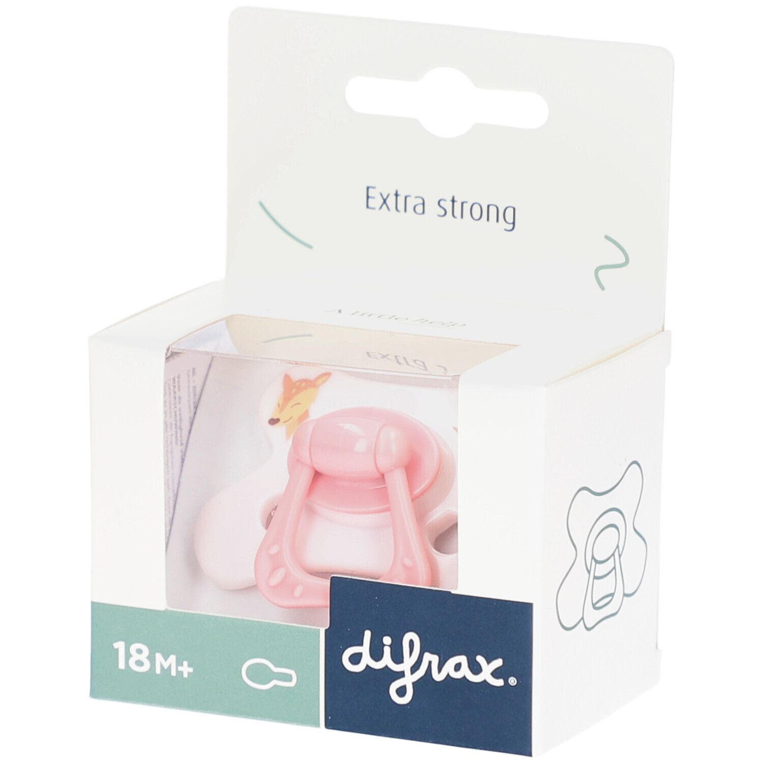 Rosa Schnuller in Verpackung. Sichtbar: Marke difrax, Alter 18M+, "Extra strong" Text.