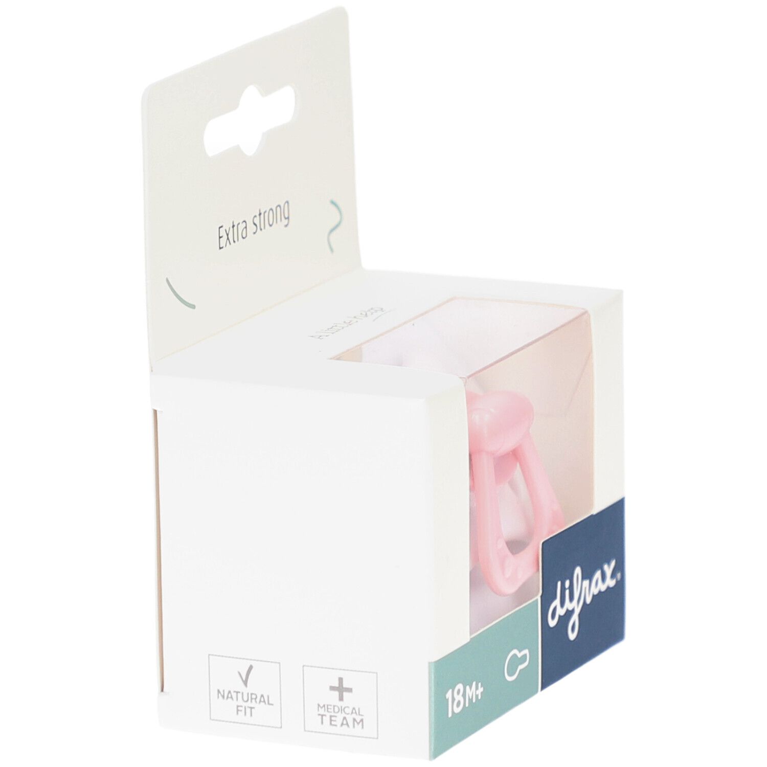 Rosa Schnuller in Verpackung. Sichtbar: Marke difrax, Alter 18M+, "Natural fit" und "Medical team" Logos.