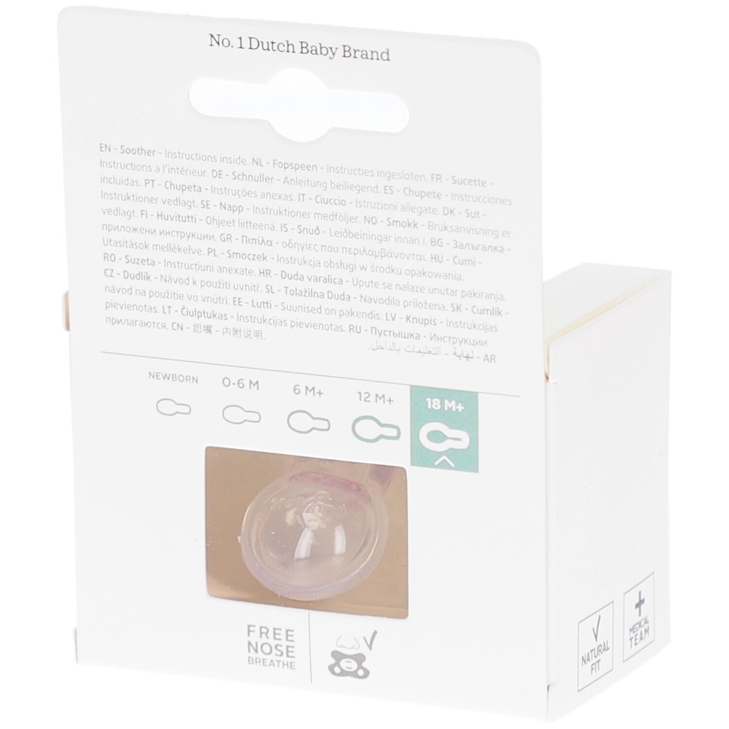 Rückseite der Verpackung. Sichtbar: Text in mehreren Sprachen, Altersangaben, Logo "Free nose breathe".