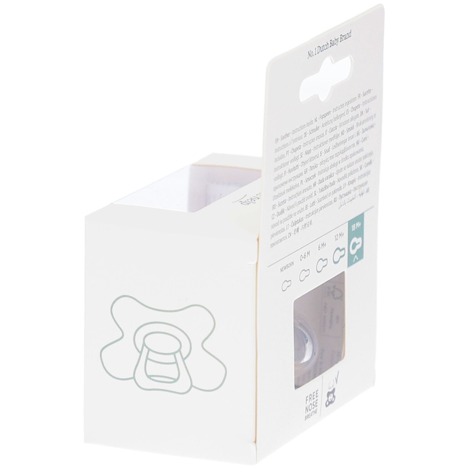Verpackung mit Schnuller-Symbol. Sichtbar: Logo "Free nose breathe", Altersangaben.