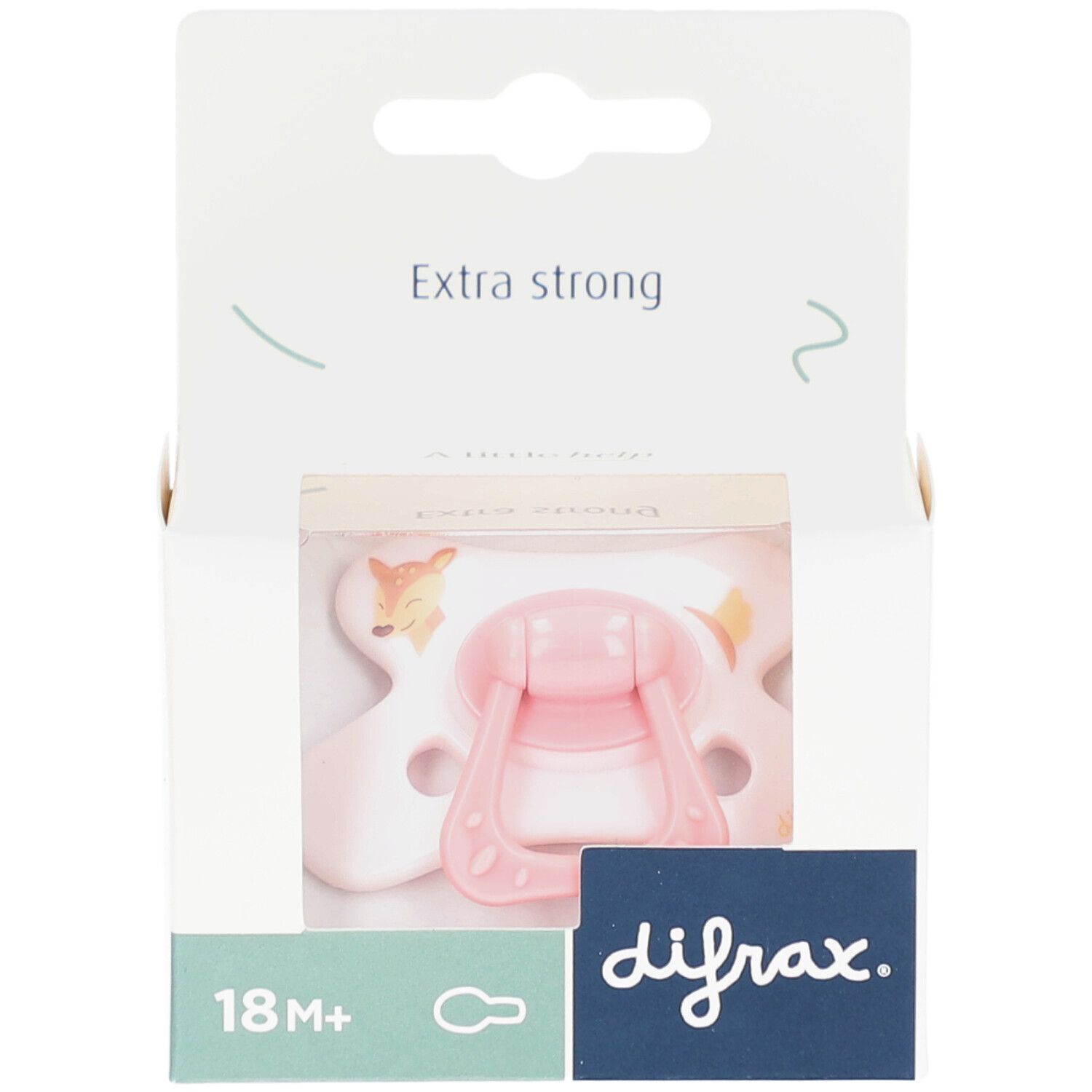 Rosa Schnuller mit Reh-Motiv in Verpackung. Sichtbar: Marke difrax, Alter 18M+, "Extra strong" Text.