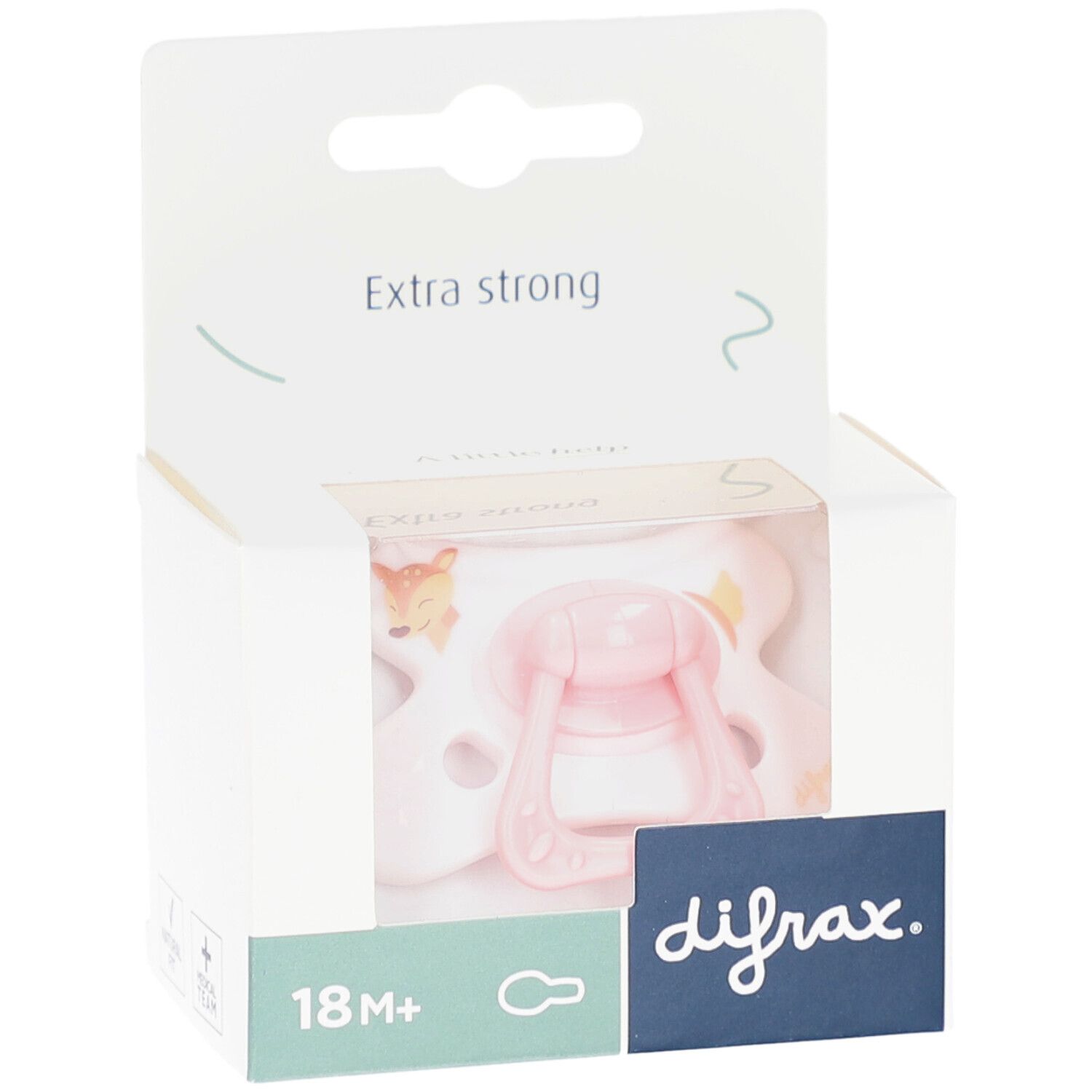Rosa Schnuller mit Reh-Motiv in Verpackung. Sichtbar: Marke difrax, Alter 18M+, "Extra strong" Text.