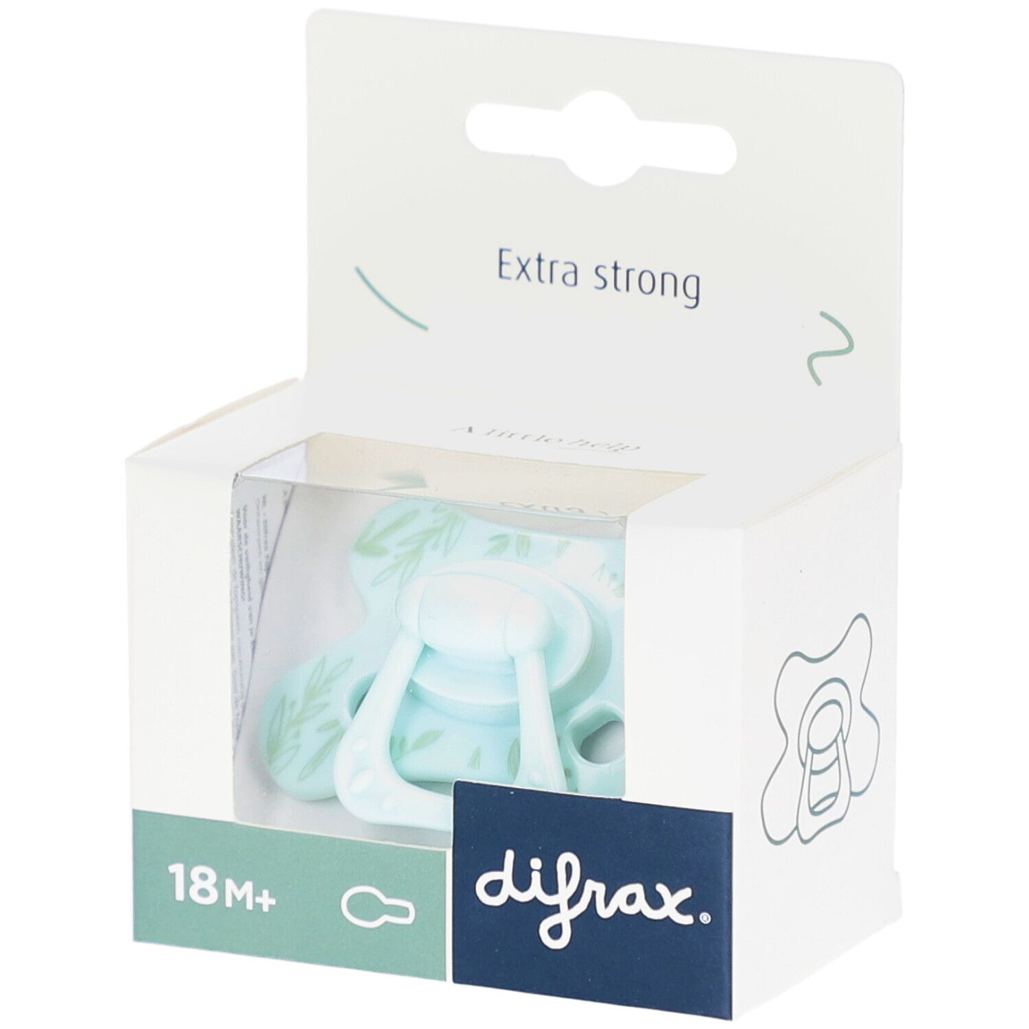 Hellblaue Schnuller in Verpackung. Aufdruck: difrax, 18M+, Extra strong.