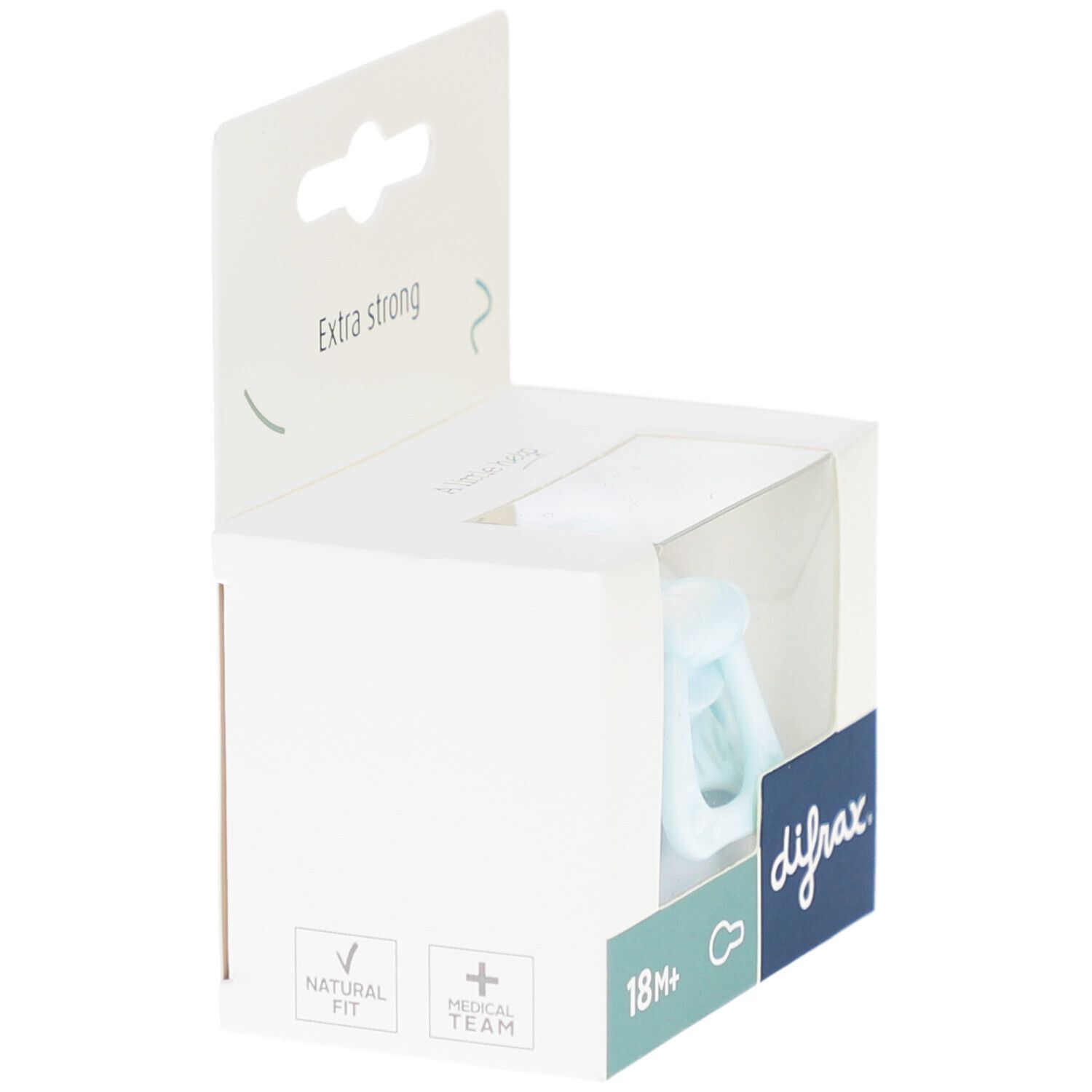 Hellblaue Schnuller in Verpackung. Aufdruck: difrax, 18M+.