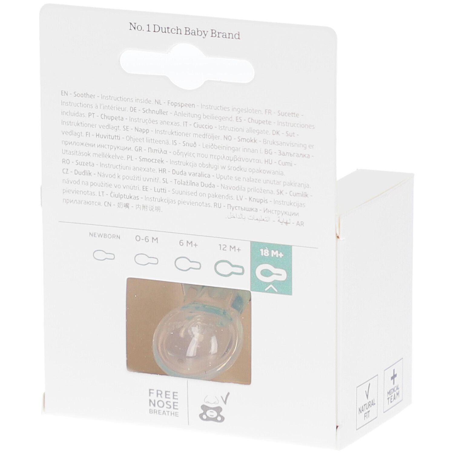 Rückseite der Verpackung mit Produktinformationen. Sichtbar: Schnuller, 18M+.