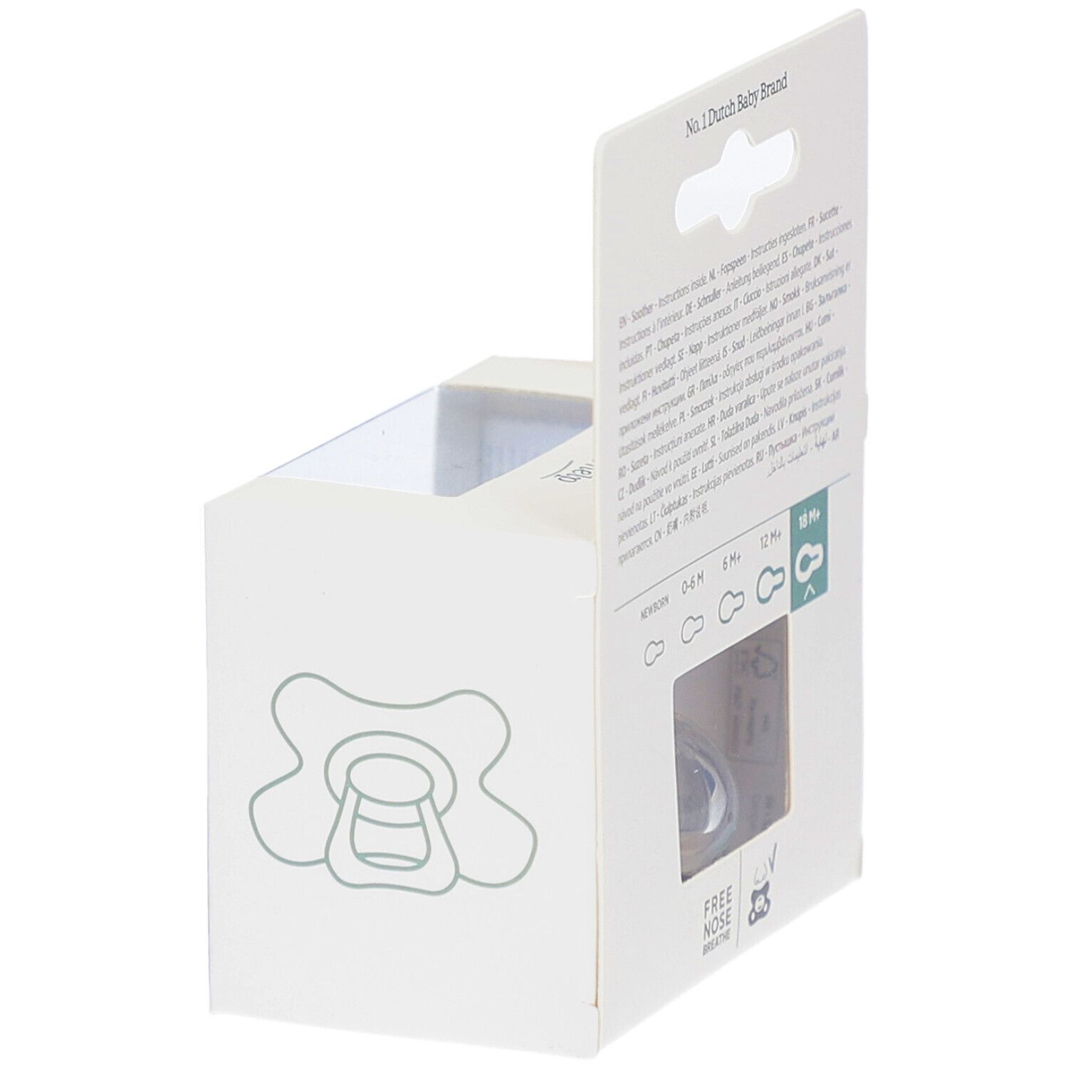 Rückseite der Verpackung mit Produktinformationen. Sichtbar: Schnuller, 18M+.