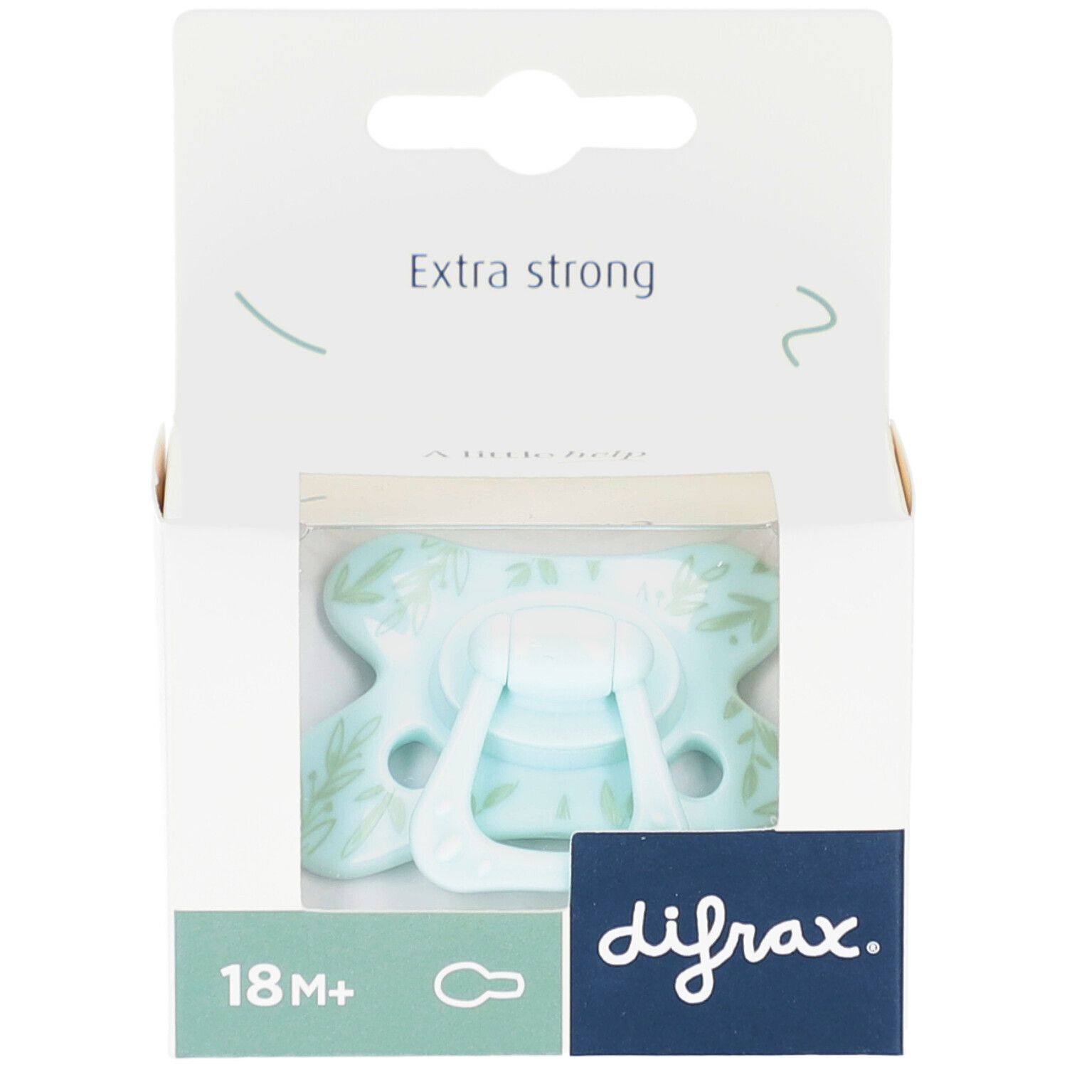Hellblauer Schnuller in Verpackung. Aufdruck: difrax, 18M+, Extra strong.