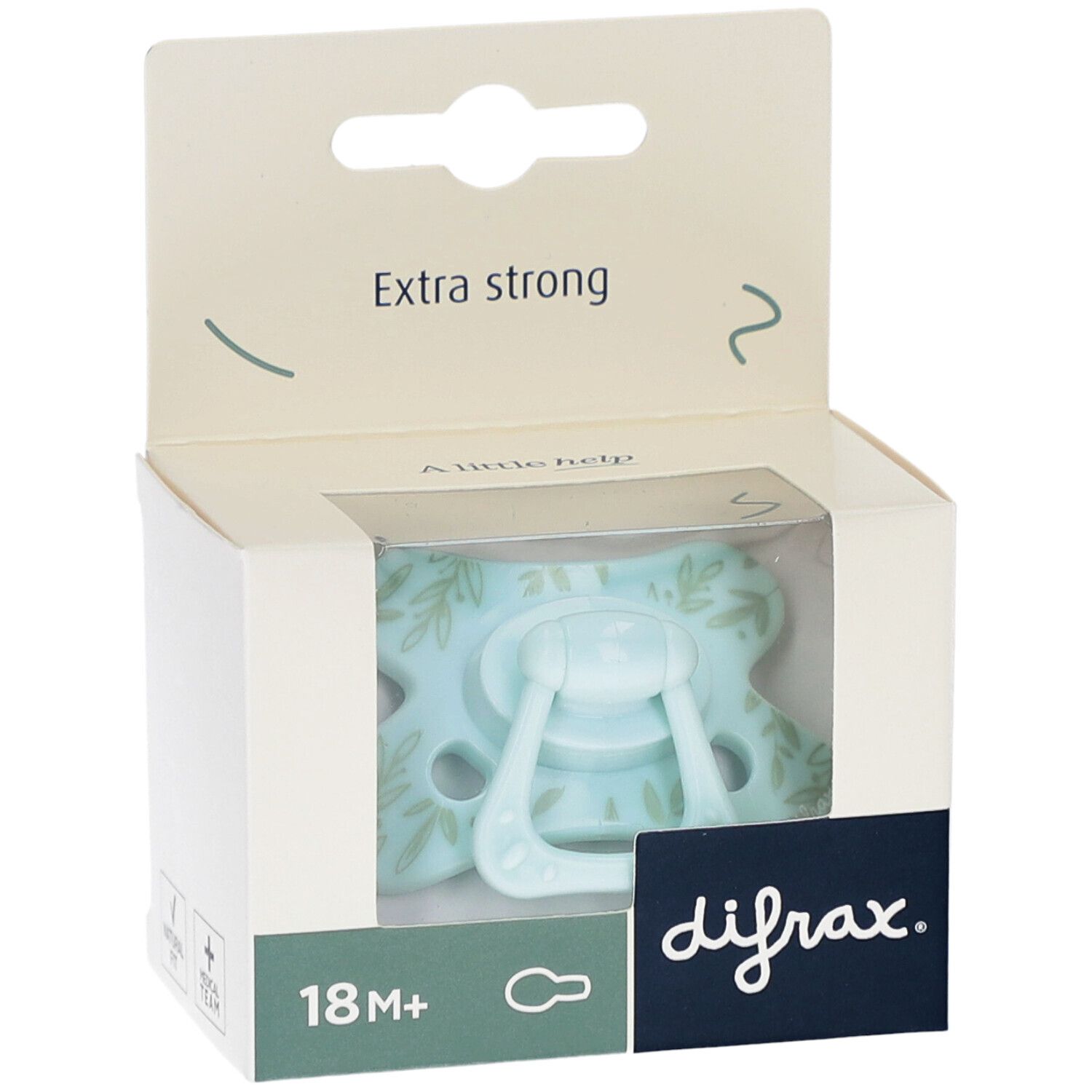 Hellblauer Schnuller in Verpackung. Aufdruck: difrax, 18M+, Extra strong.