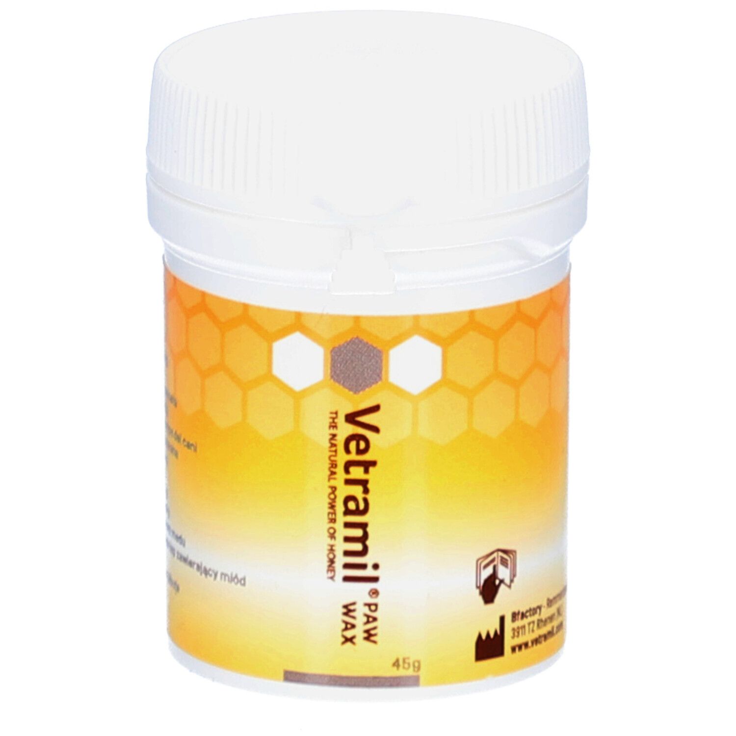 Weiße Dose mit gelb-orangefarbenem Etikett. Aufschrift: Vetramil Paw Wax. Honig-Wachs für Pfoten. 45g.