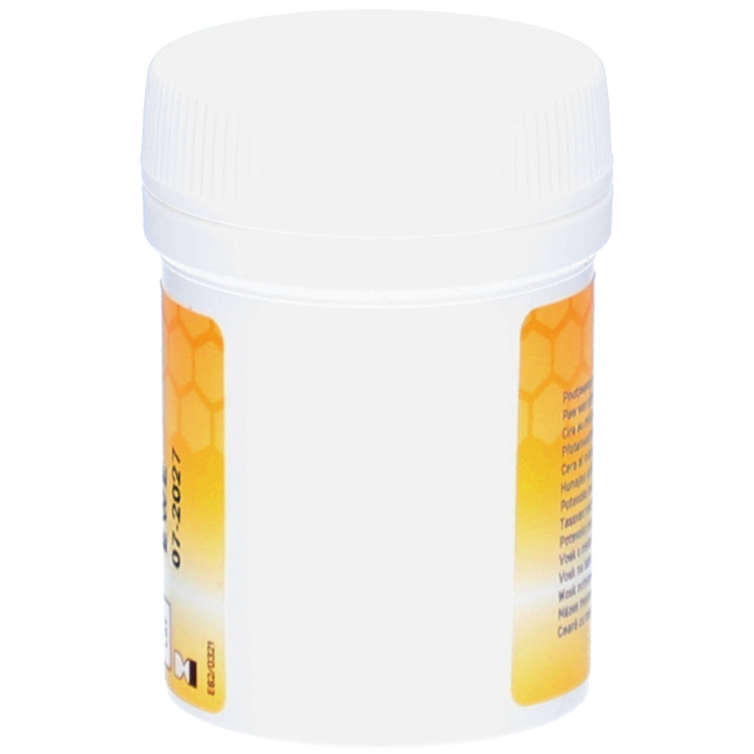 Weiße Dose mit gelb-orangefarbenem Etikett. Keine Produktinformationen sichtbar.