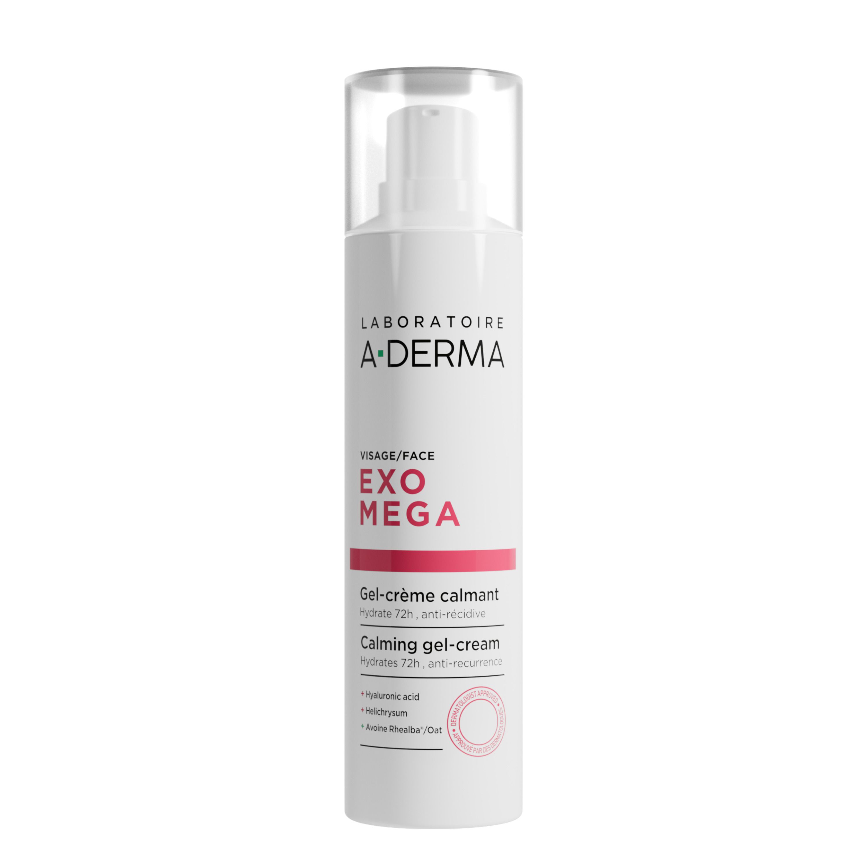 Gel-crème apaisant A-Derma Exomega Visage dans un flacon pompe blanc avec capuchon transparent.