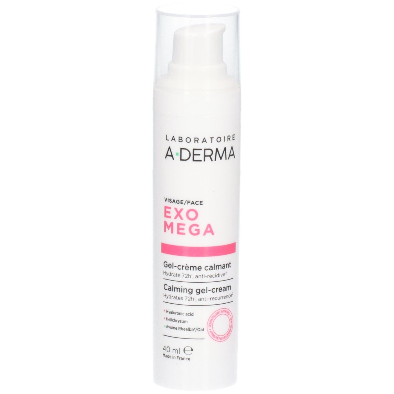 A-Derma Exomega Visage beruhigende Gel-Creme in weißer Spenderflasche mit klarem Deckel.