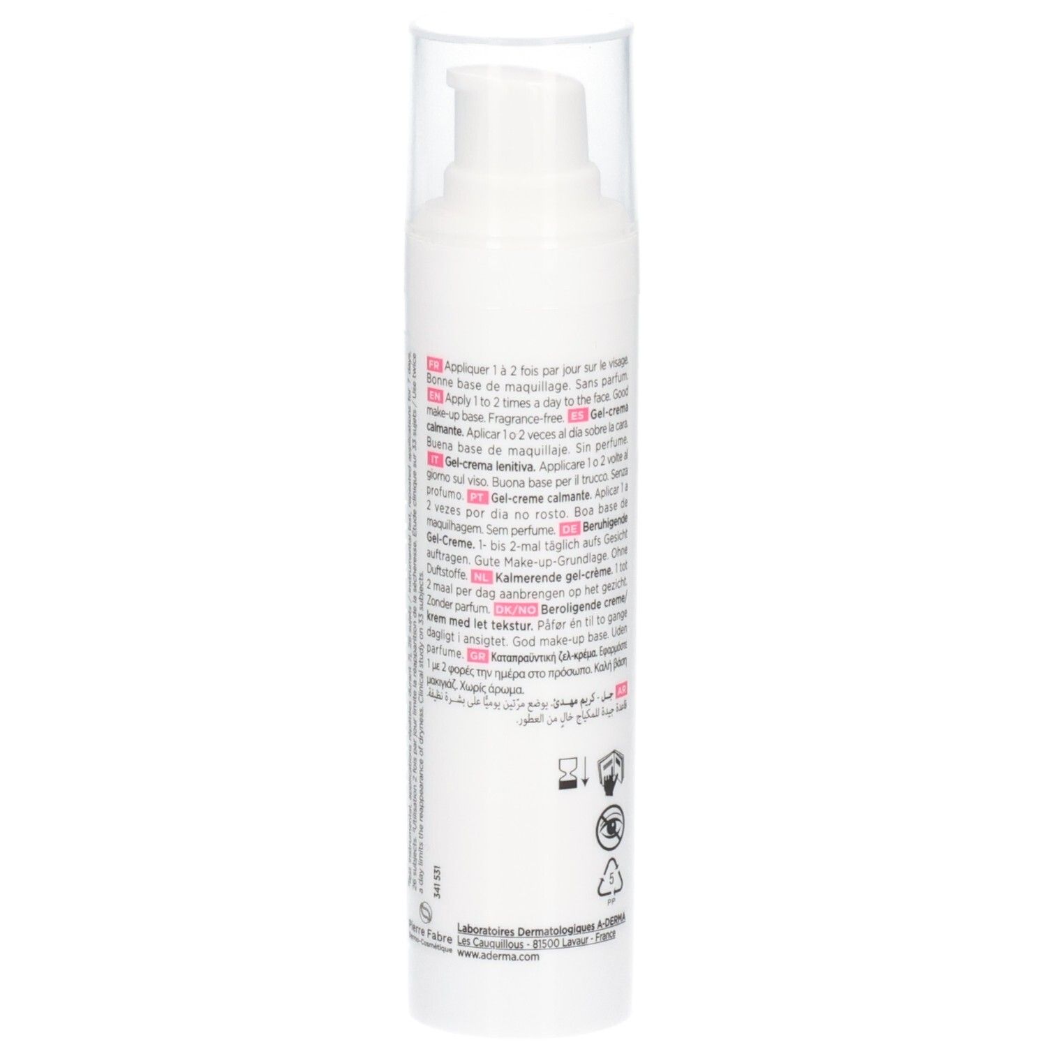 Rückseite der A-Derma Exomega Visage Gel-Creme Flasche mit Anwendungshinweisen und Symbolen.