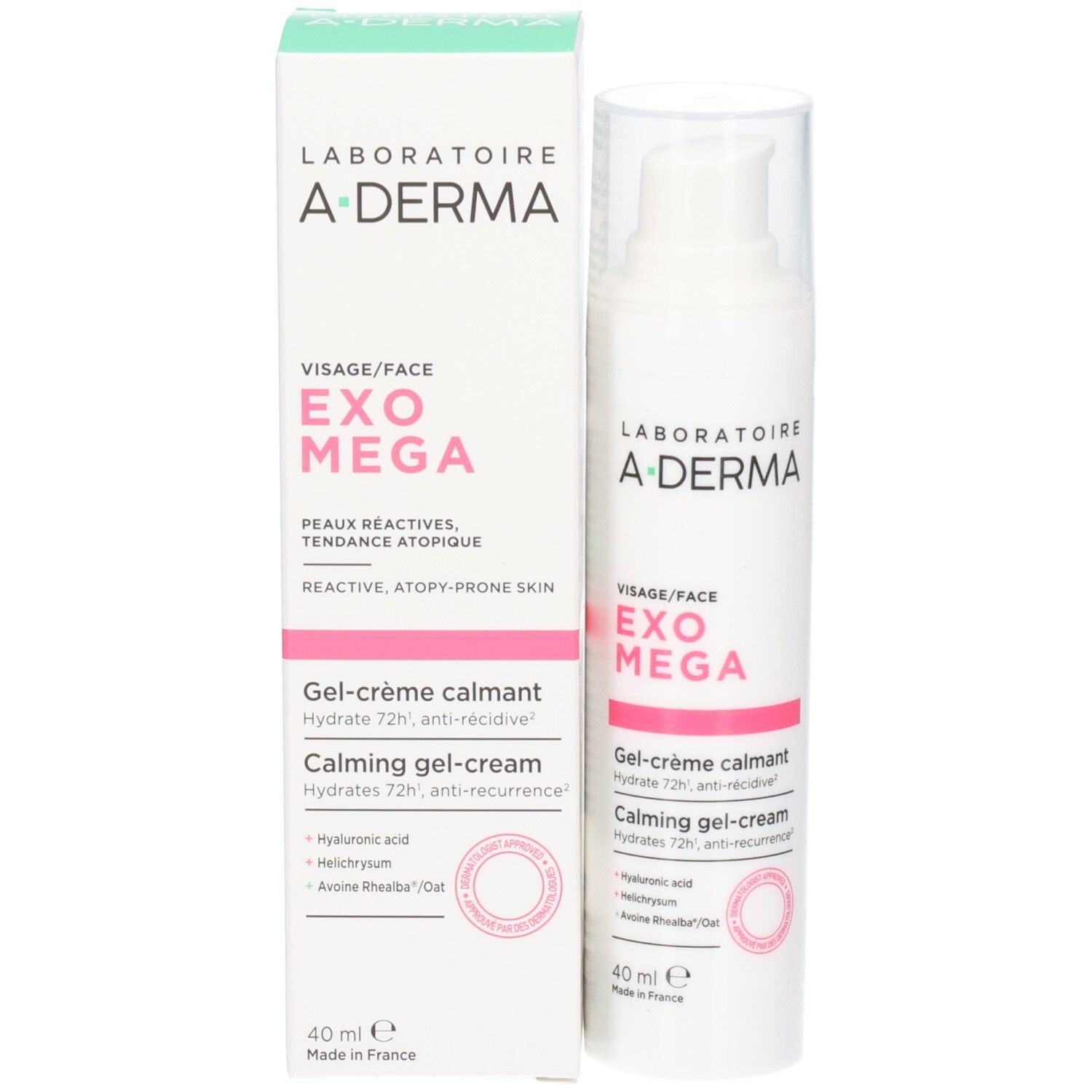 A-Derma Exomega Visage Gel-Creme Flasche neben der Produktverpackung.