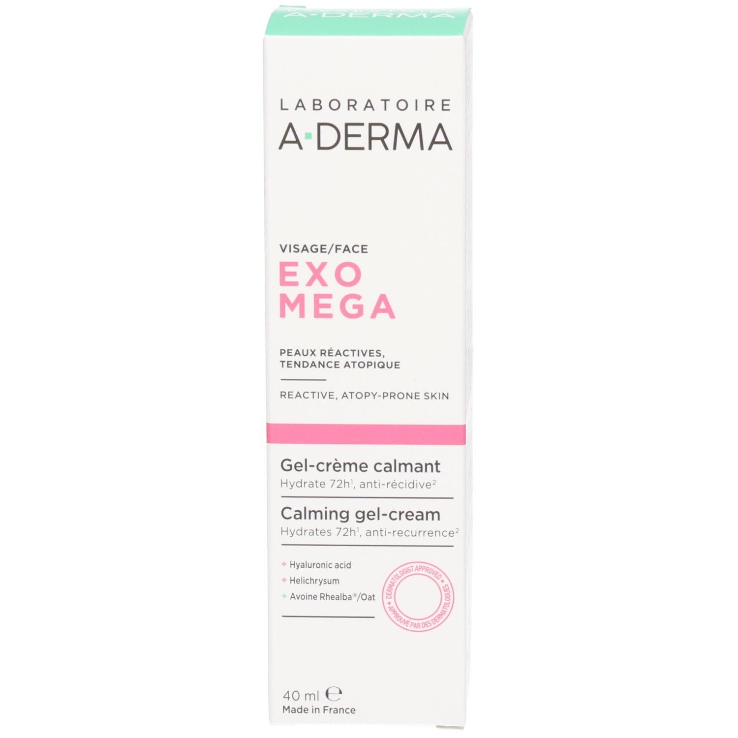 Produktverpackung von A-Derma Exomega Visage beruhigende Gel-Creme.