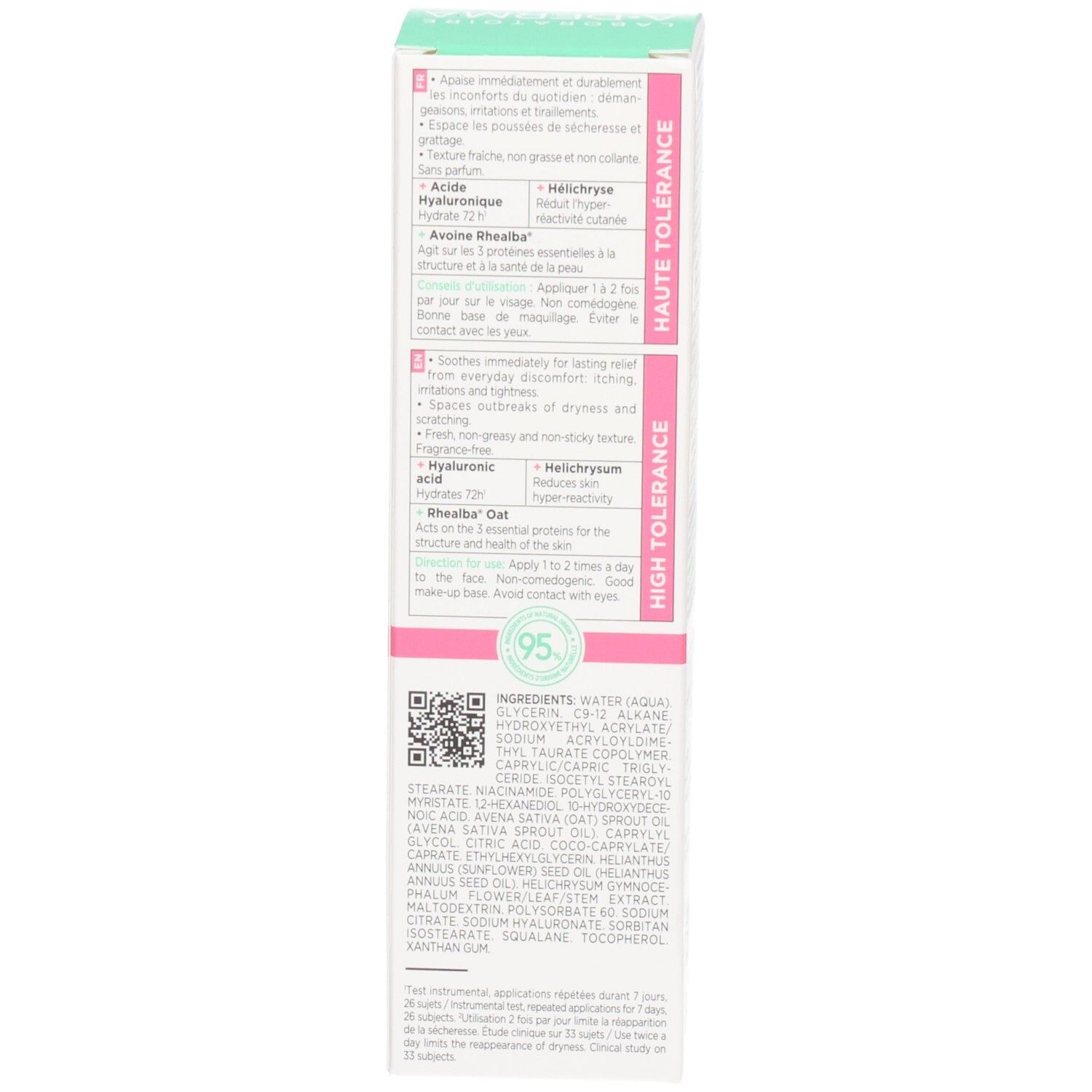 Seite der A-Derma Exomega Visage Gel-Creme Verpackung mit Inhaltsstoffen und Zertifikaten.