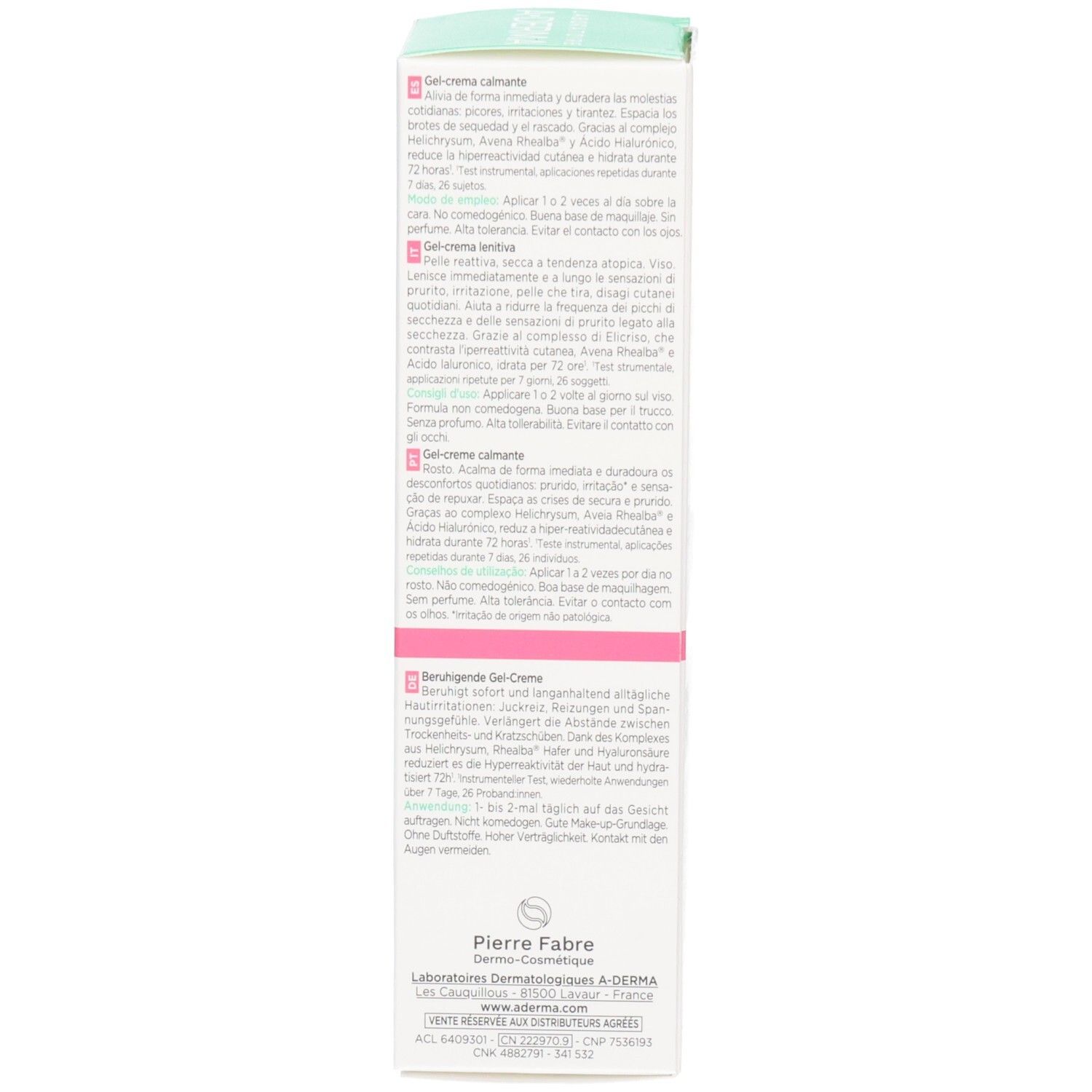 Seite der A-Derma Exomega Visage Gel-Creme Verpackung mit Anwendungshinweisen in mehreren Sprachen.
