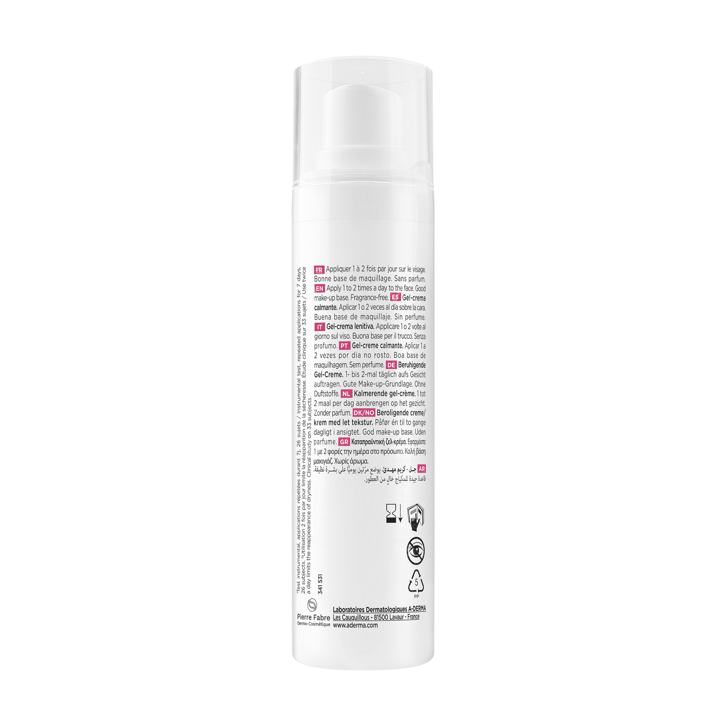 Arrière du flacon de gel-crème A-Derma Exomega Visage avec instructions et symboles.