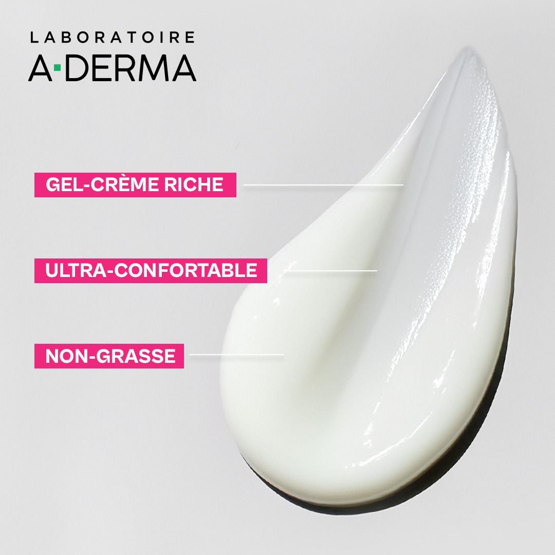 Flacon de gel-crème A-Derma Exomega Visage à côté de son emballage.