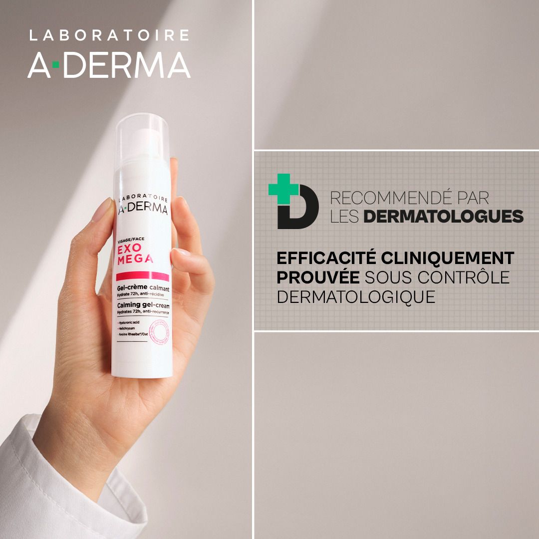 Boîte de Gel-crème calmant A-Derma Exomega Visage avec instructions.