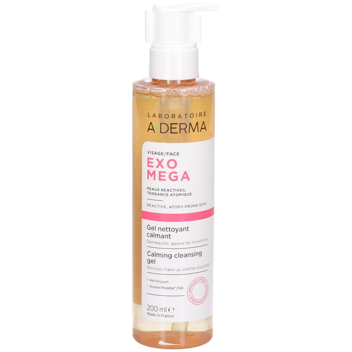 A-Derma Exomega Gel, transparente Flüssigkeit in einer Flasche mit Dosierpumpe. Aufschrift: Visage/Face, Peaux réactives.