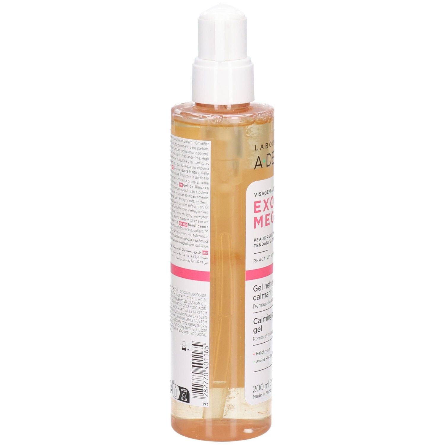 Rückseite der A-Derma Exomega Gel-Flasche. Text in mehreren Sprachen. Aufschrift: A-Derma, Visage/Face, Exomega, 200 ml.
