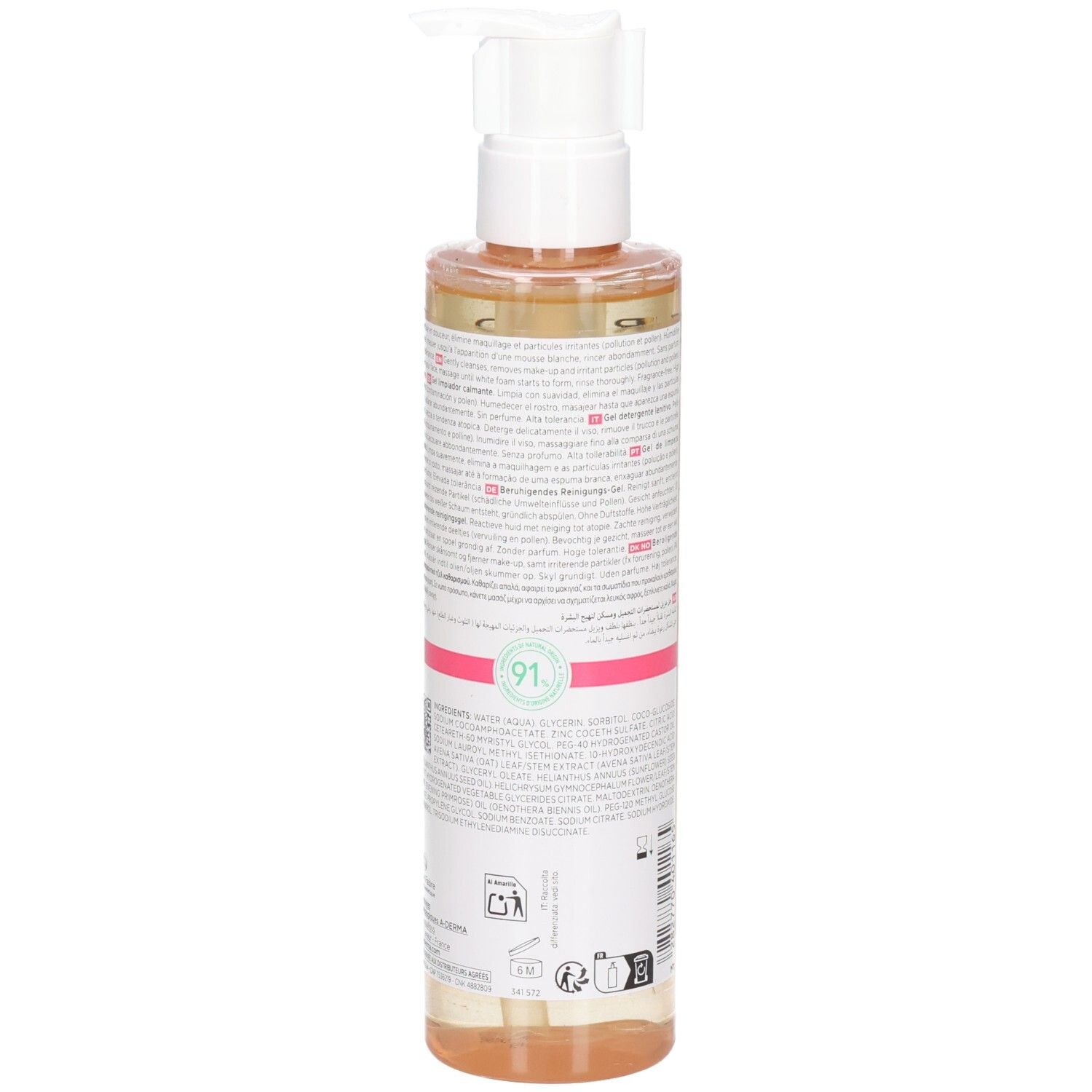 Rückseite der A-Derma Exomega Gel-Flasche. Text in mehreren Sprachen. Aufschrift: A-Derma, Visage/Face, Exomega, 200 ml.