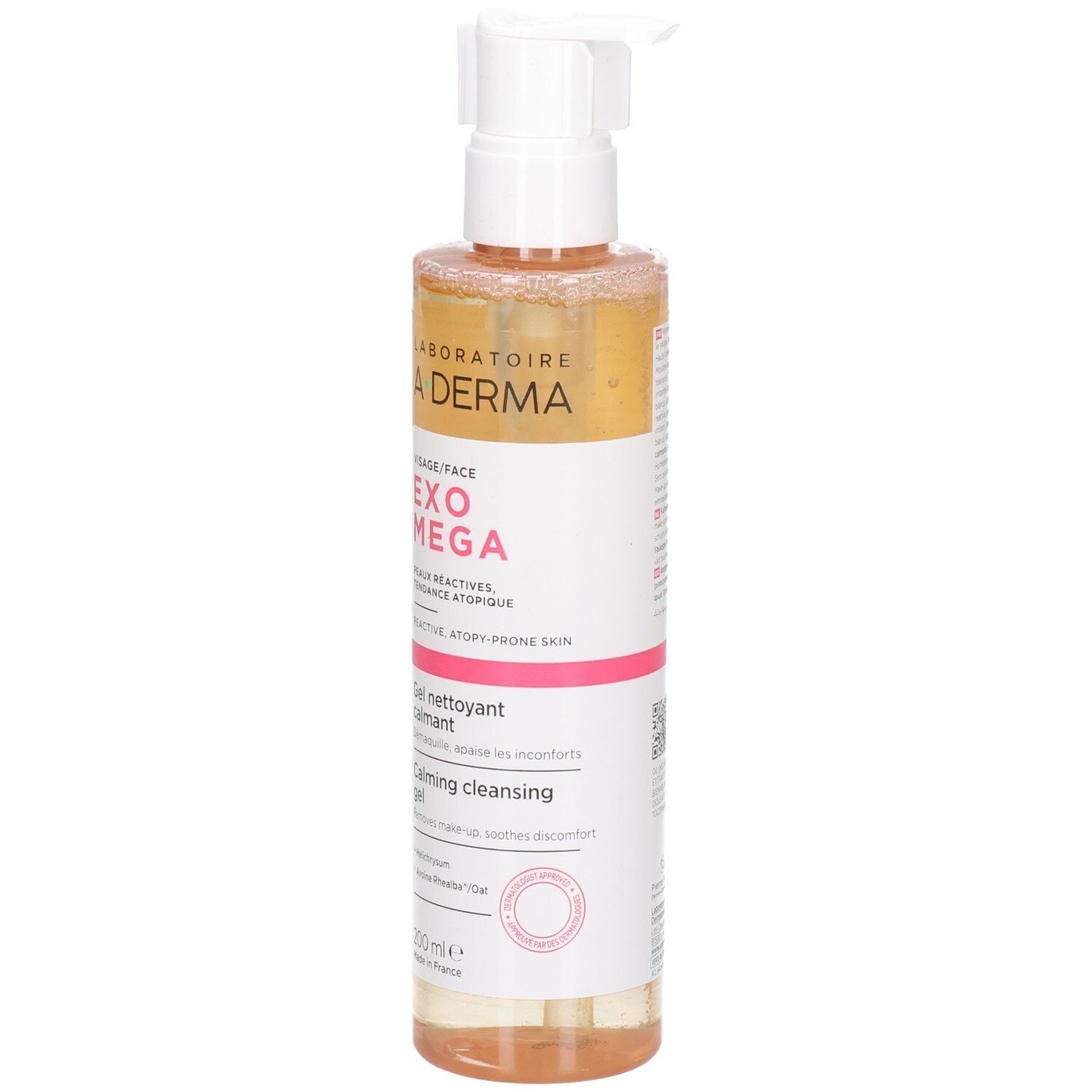 A-Derma Exomega Gel, transparente Flüssigkeit in einer Flasche mit Dosierpumpe. Aufschrift: Visage/Face, Peaux réactives.