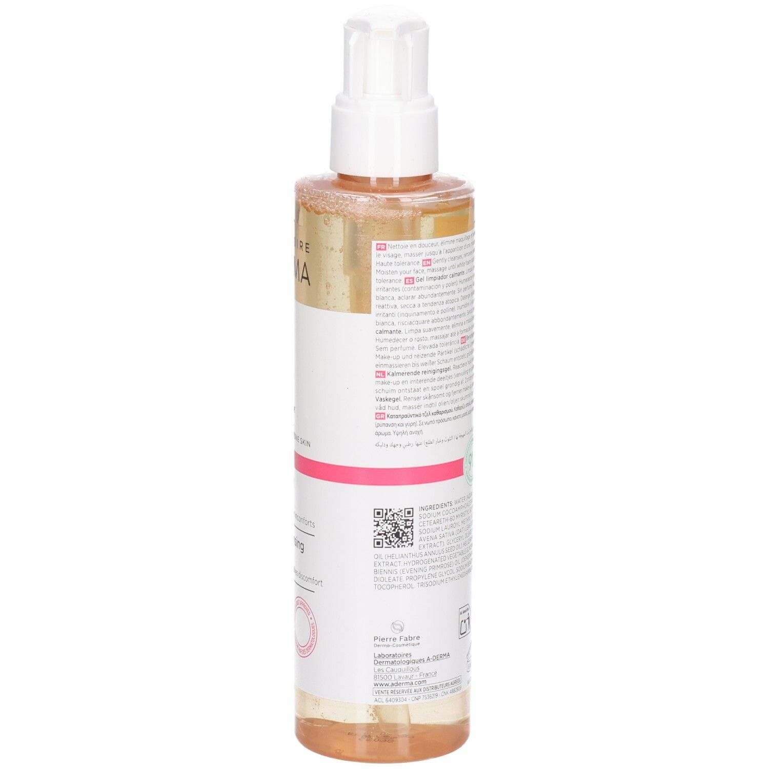 Rückseite der A-Derma Exomega Gel-Flasche. Text in mehreren Sprachen. Aufschrift: A-Derma, Visage/Face, Exomega, 200 ml.