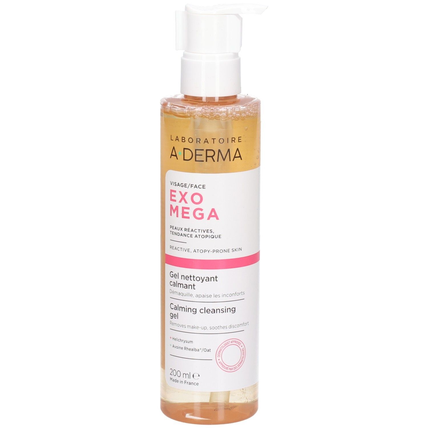 A-Derma Exomega Gel, transparente Flüssigkeit in einer Flasche mit Dosierpumpe. Aufschrift: Visage/Face, Peaux réactives.