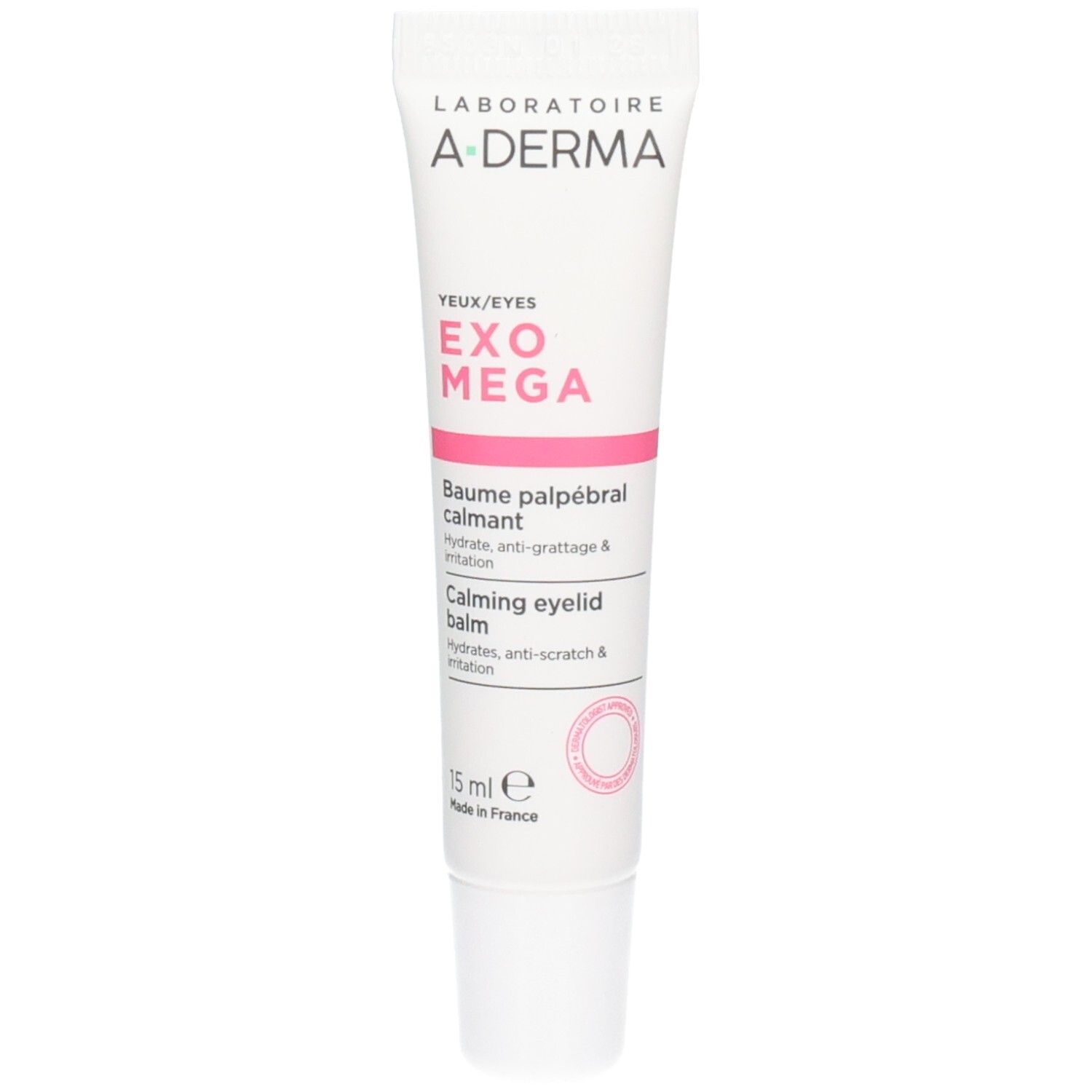 A-Derma Exomega Augenbalsam. Weiße Tube mit rosa Akzenten. Text: Augen/Eyes, Baume palpébral calmant.