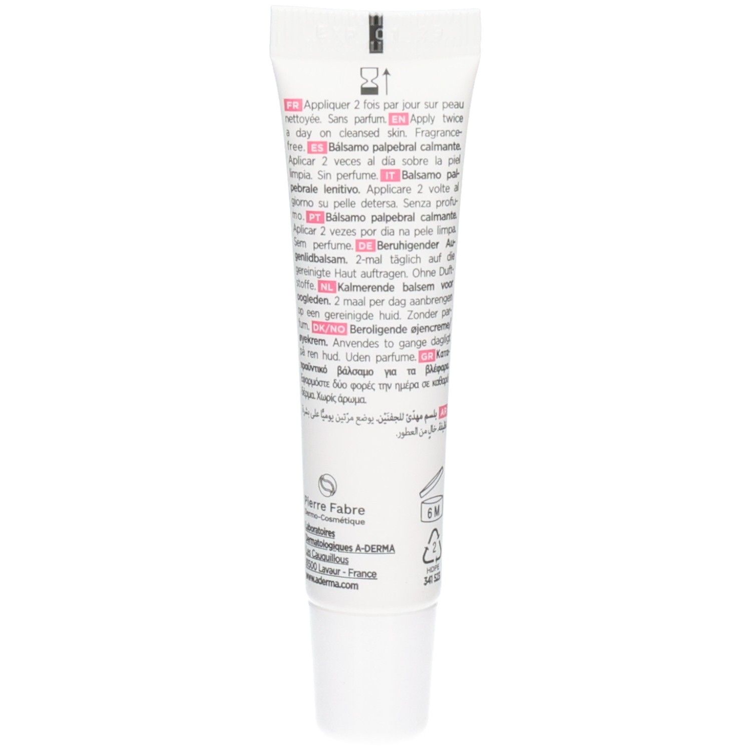 Rückseite der A-Derma Exomega Tube. Mehrsprachiger Text. Herstellerinformationen.