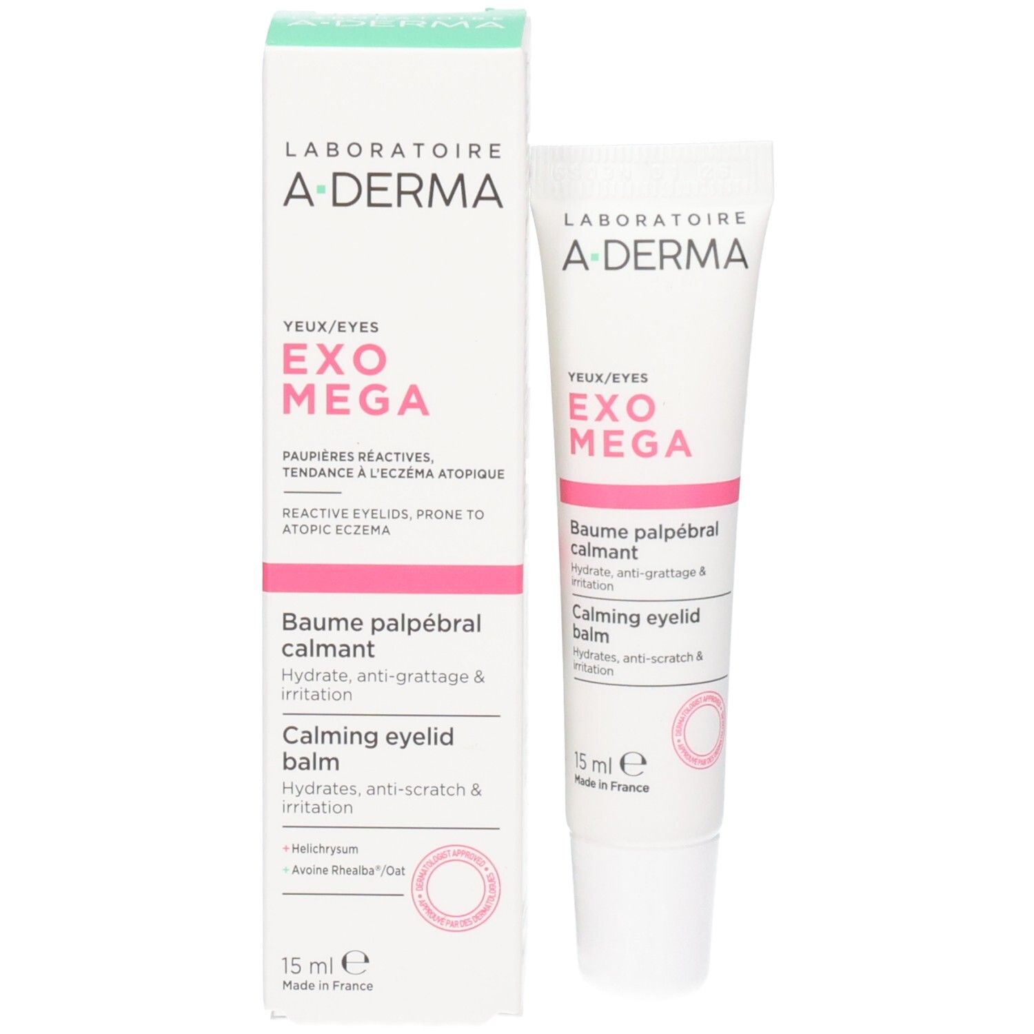 A-Derma Exomega Augenbalsam und Verpackung. Weiß mit rosa Akzenten. Text: Augen/Eyes, Baume palpébral calmant.