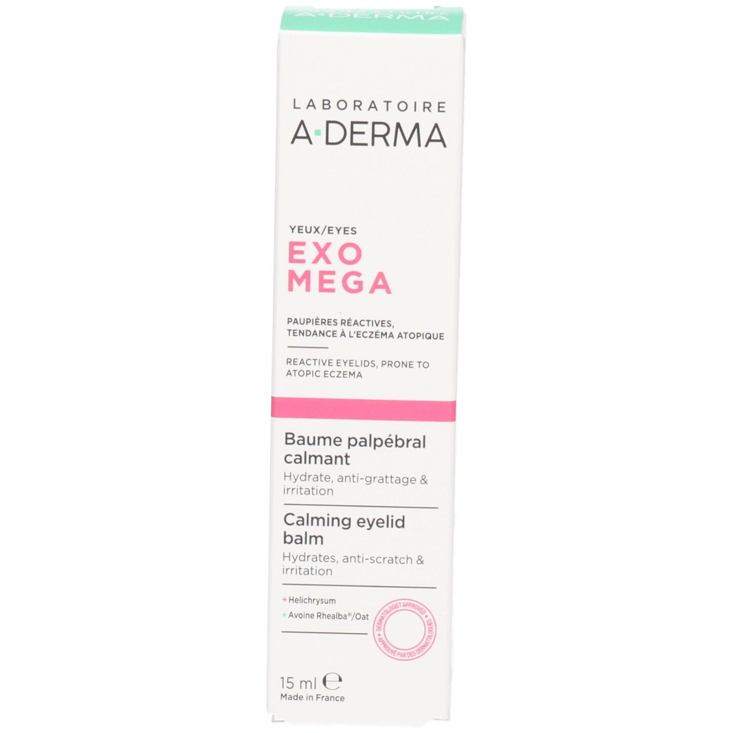 A-Derma Exomega Verpackung. Weiß mit rosa Akzenten. Text: Augen/Eyes, Baume palpébral calmant. 15 ml.