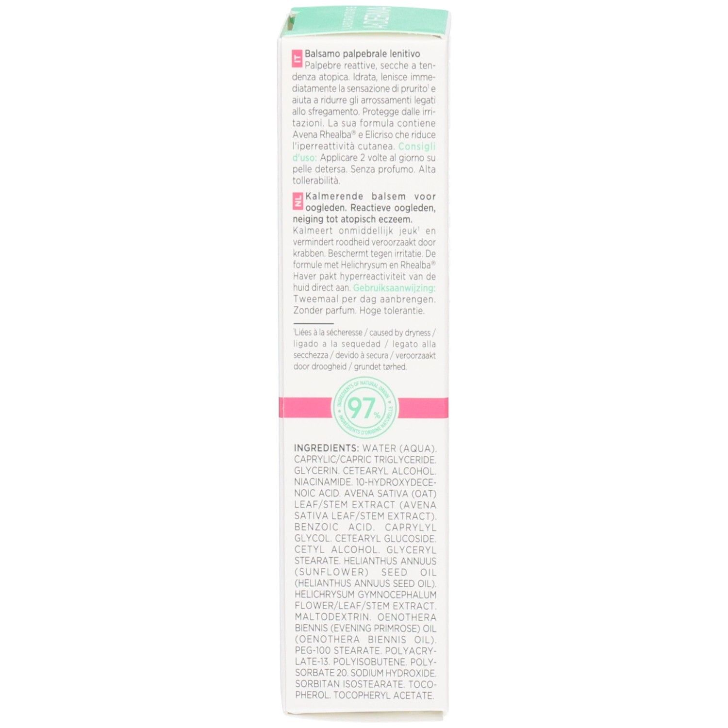 Rückseite der A-Derma Exomega Verpackung. Inhaltsstoffe und Anwendungshinweise.