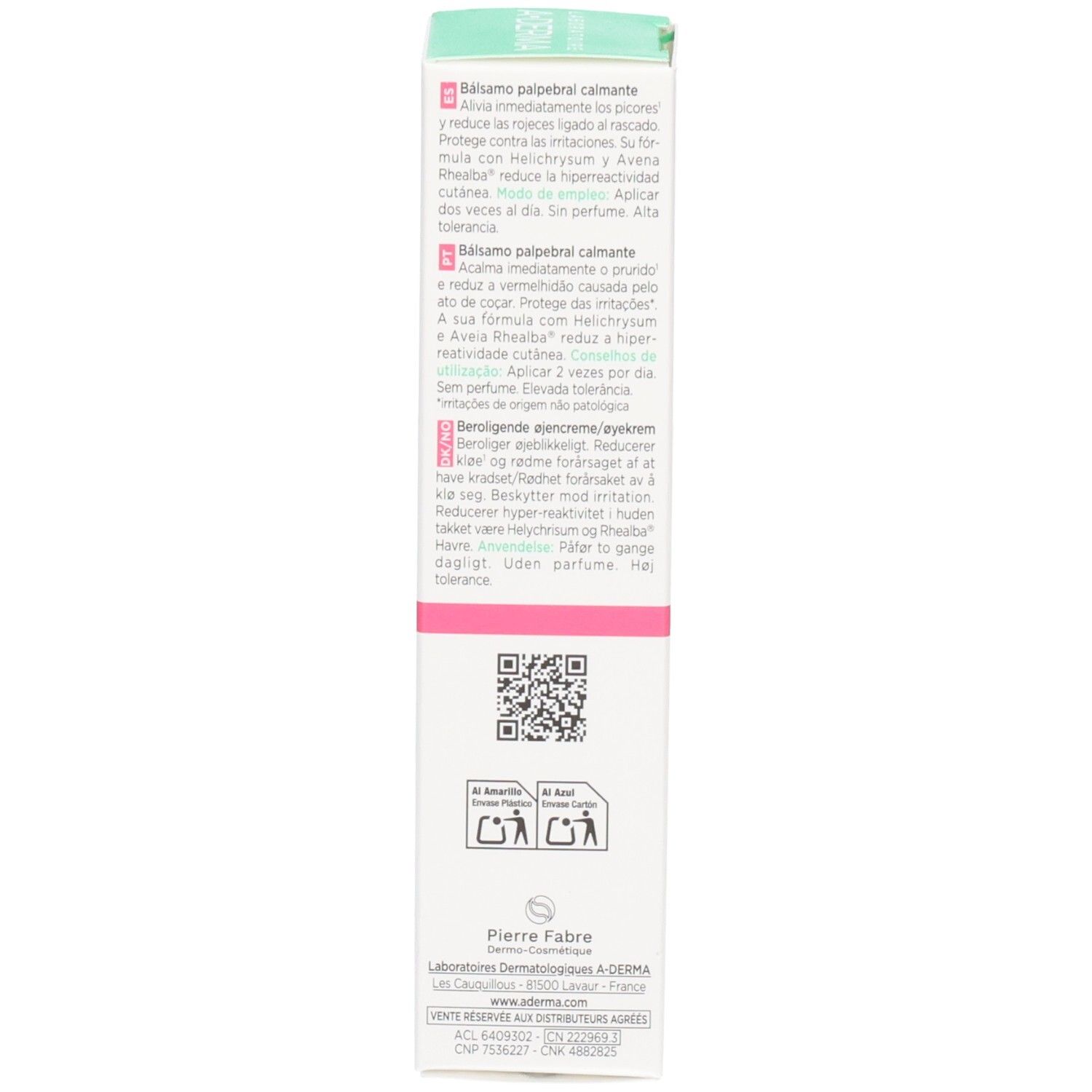 A-Derma Exomega Augenbalsam. Weiße Tube mit rosa Akzenten. Text: Augen/Eyes, Baume palpébral calmant.