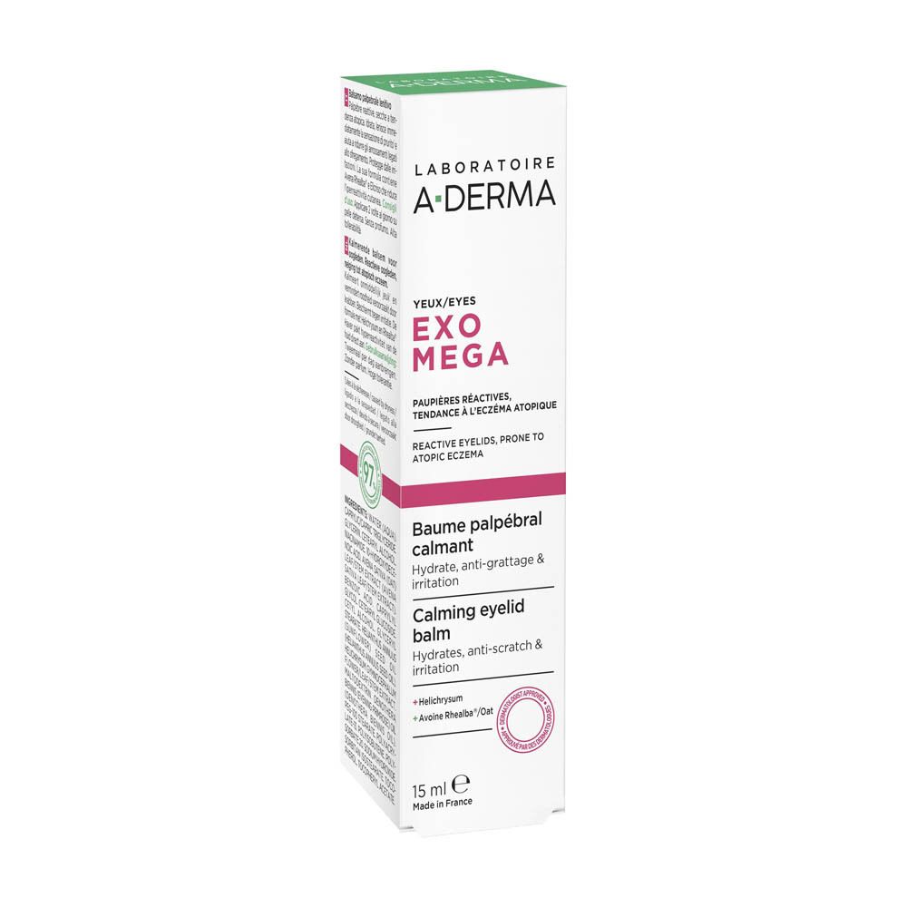 A-Derma Exomega, tube et boîte. Texte: Yeux/Eyes, Baume palpébral calmant. 15 ml.