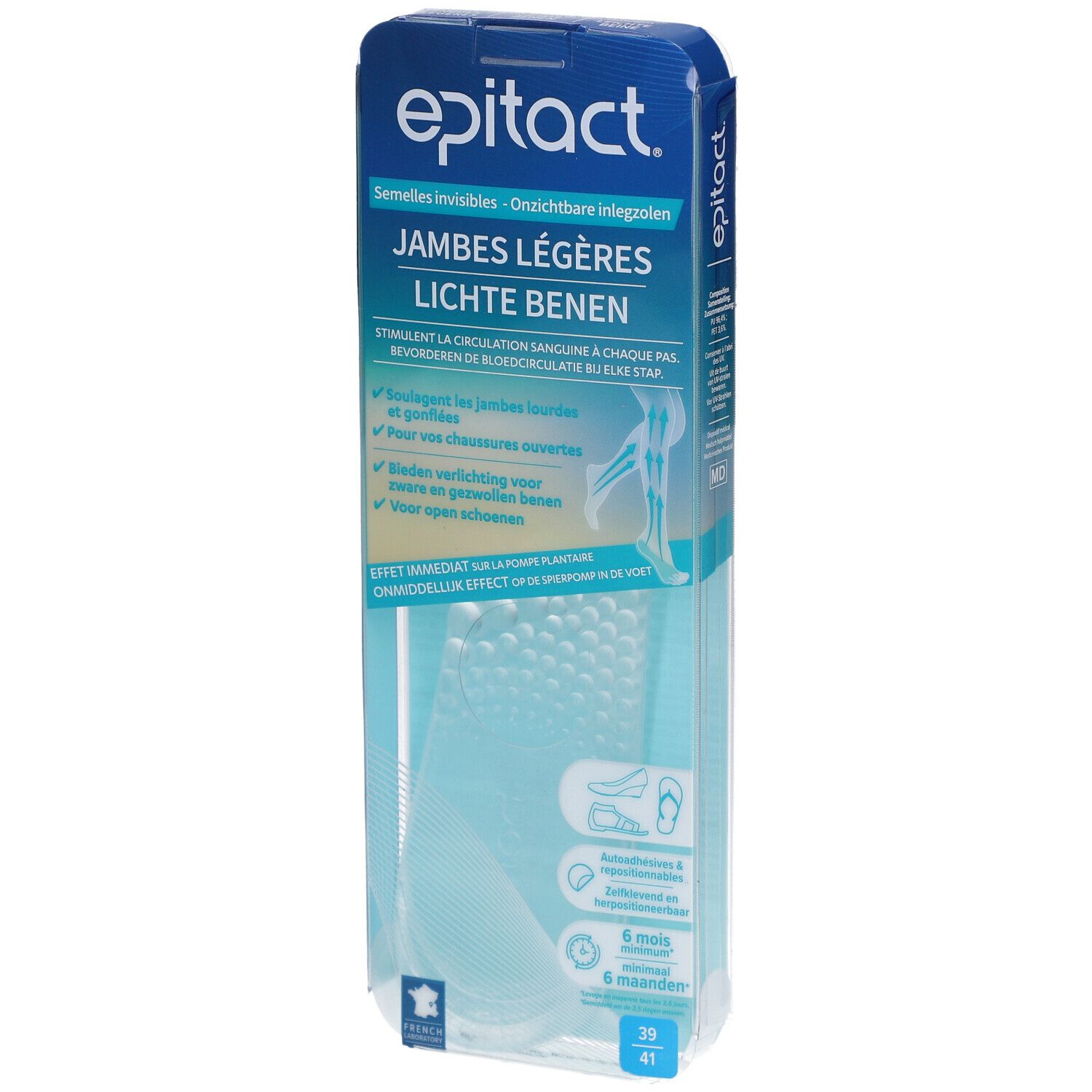 Verpackung mit epitact® Einlegesohlen. Text: Jambes légères, Lichte benen. Größe 39-41. Sichtbare Produktform.
